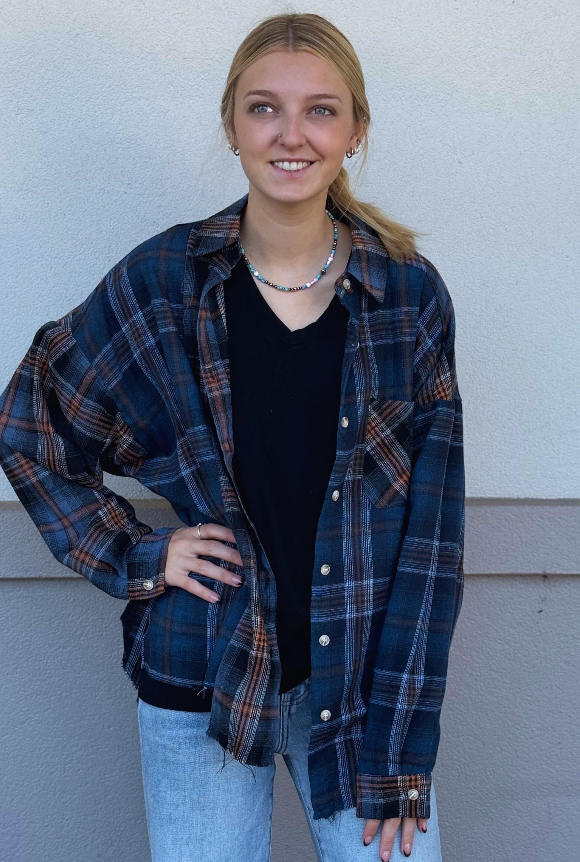 NAVY NICOLE FLANNEL TOP
