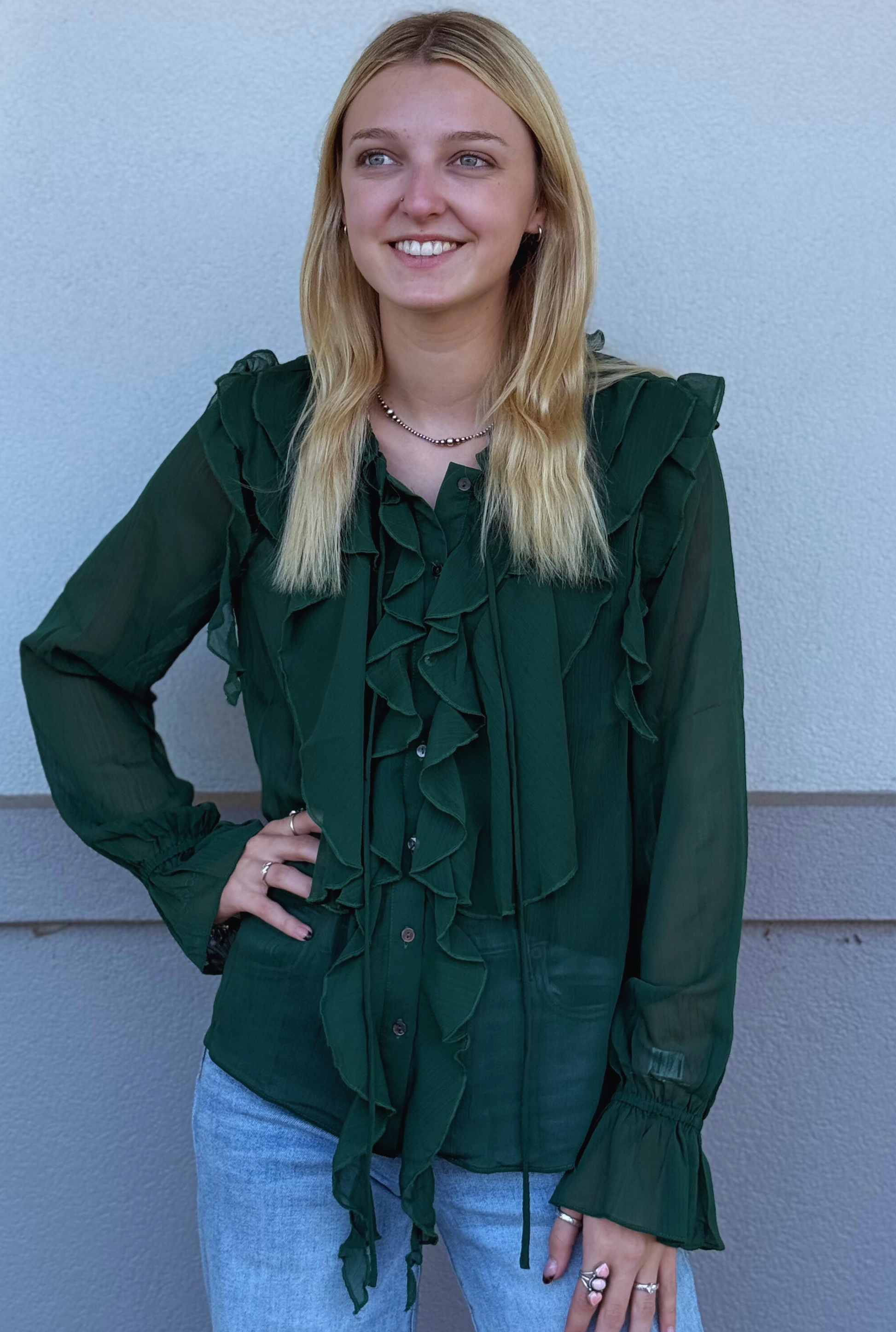 HUNTER GREEN LEXI SHEER TOP