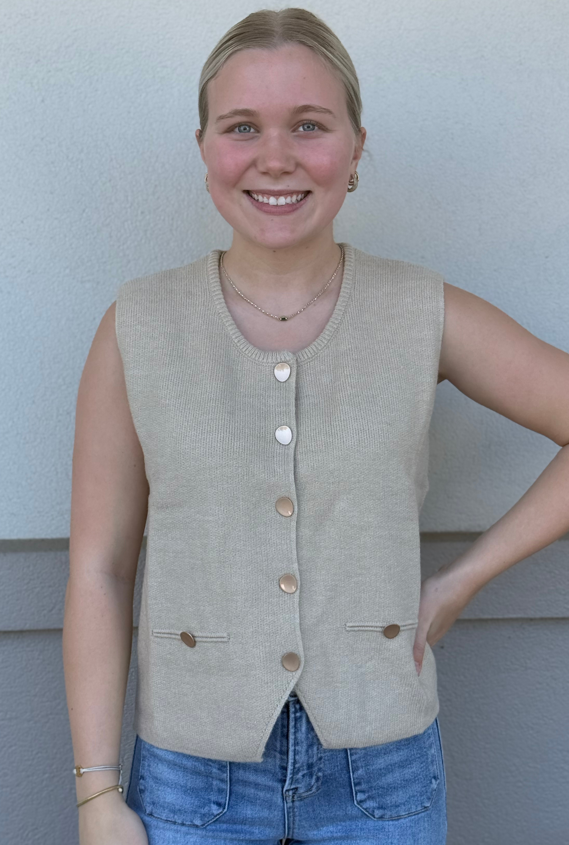 TAUPE ROUND NECK BUTTON UP SWEATER VEST
