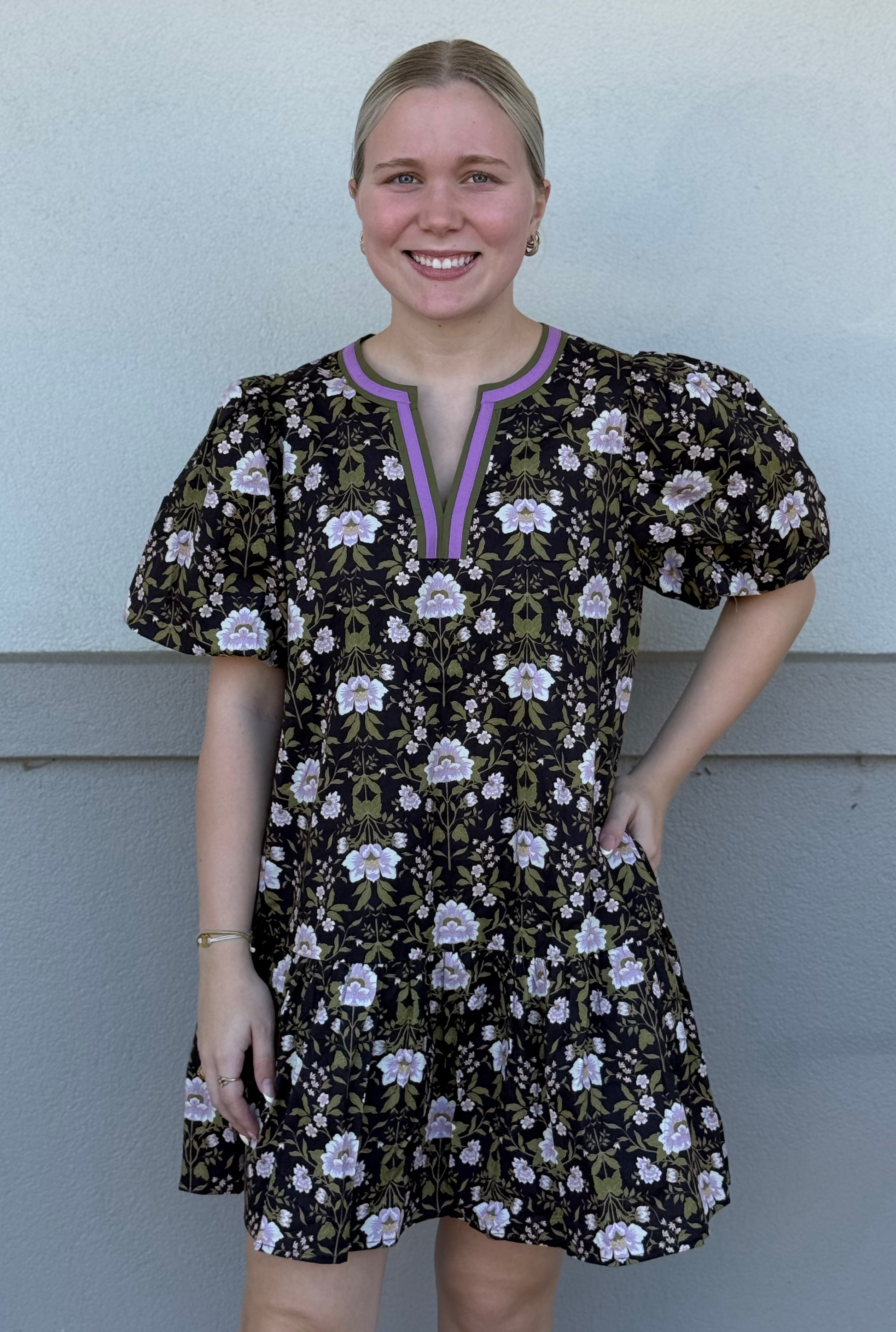 BLACK BOTANICAL PRINT DRESS