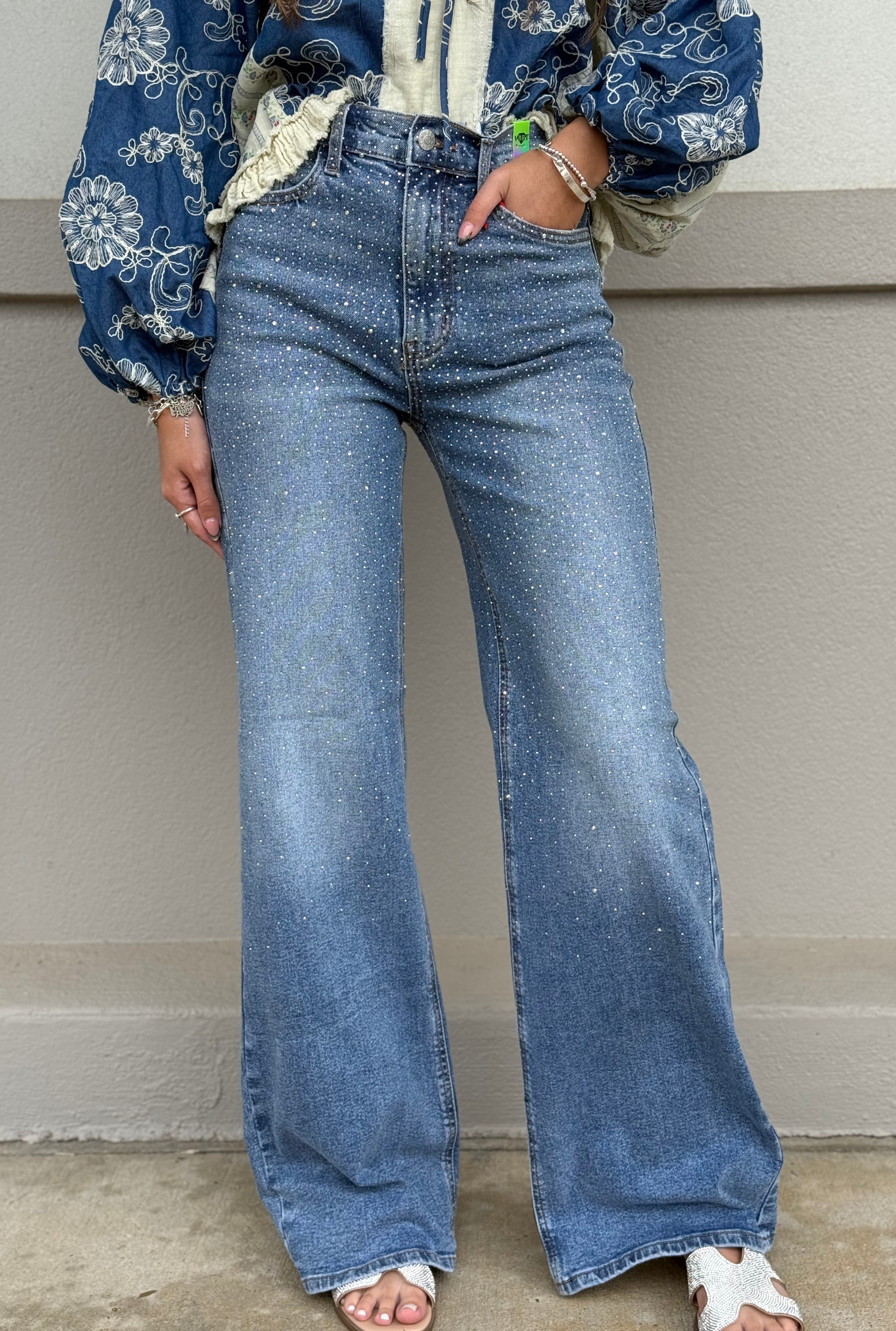 Iridescent Rhinestone High-Rise Wide Leg Jeans