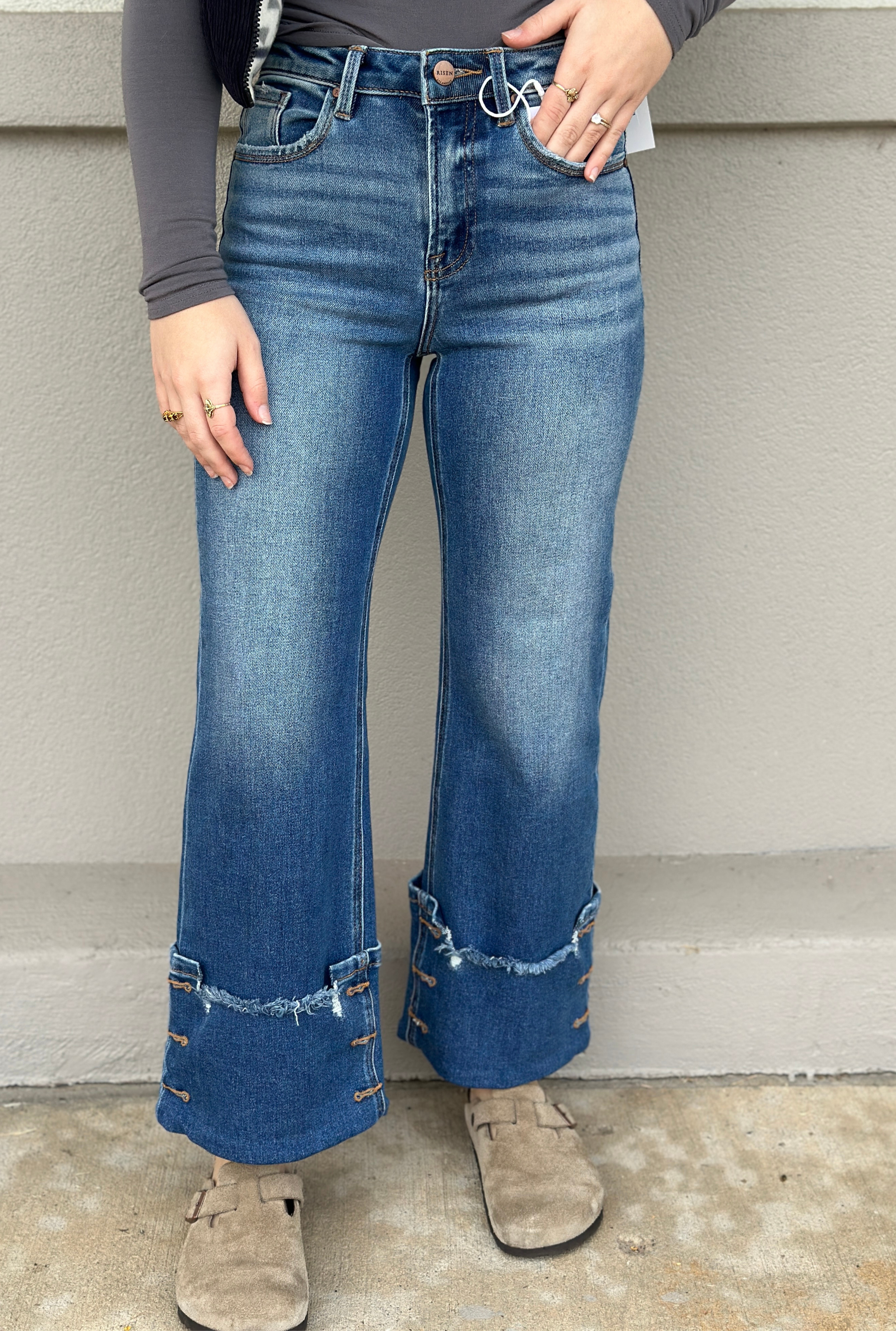 HIGH RISE CROPPED WIDE LEG JEANS WITH CUFF BUTTON DETAIL JEANS