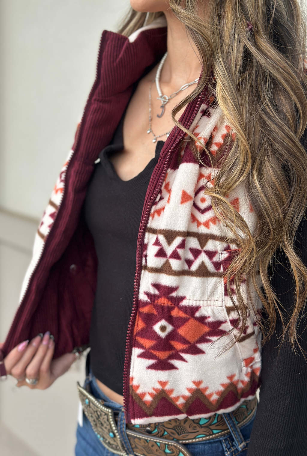 BURGUNDY AZTEC REVERSIBLE PUFFER