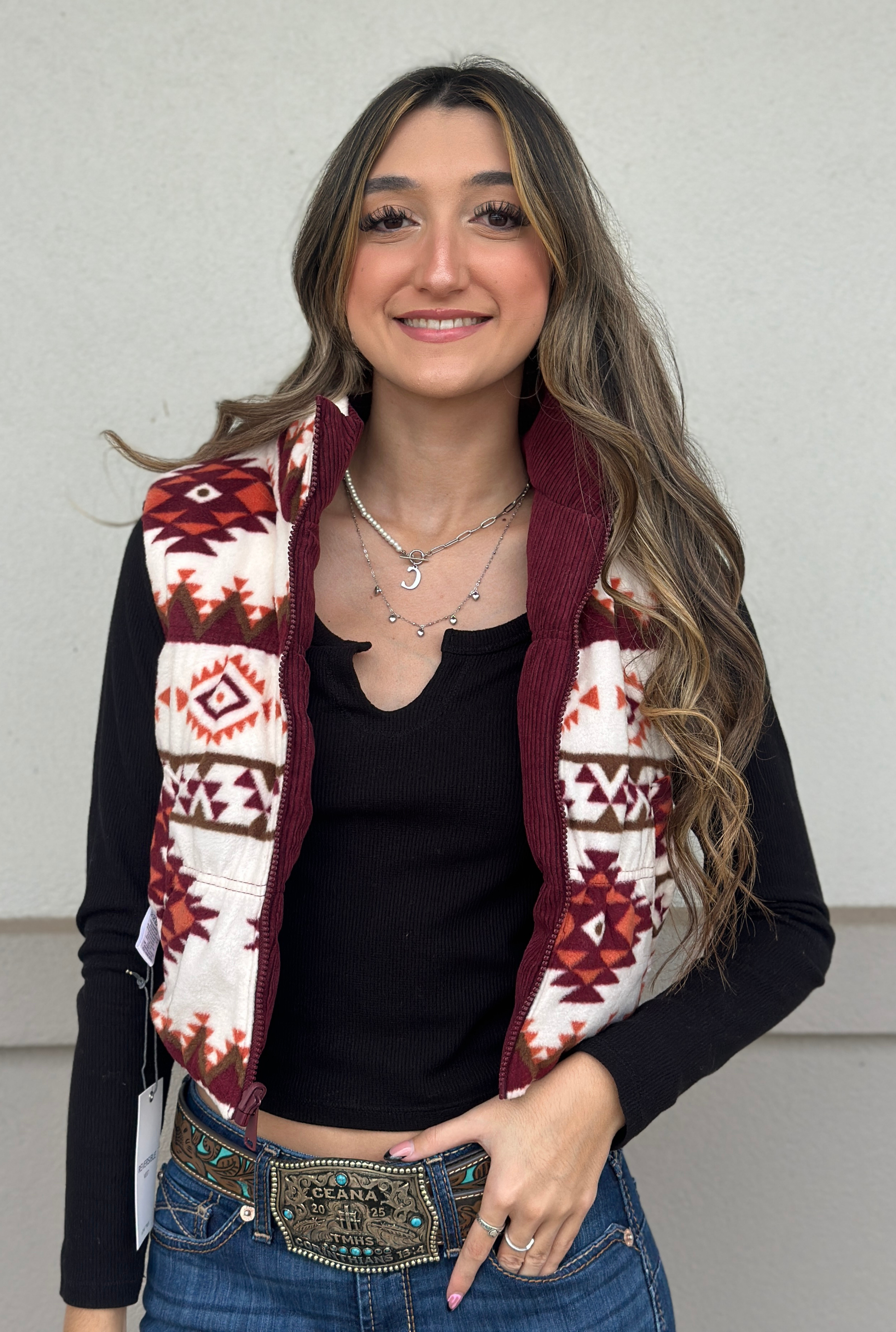 BURGUNDY AZTEC REVERSIBLE PUFFER