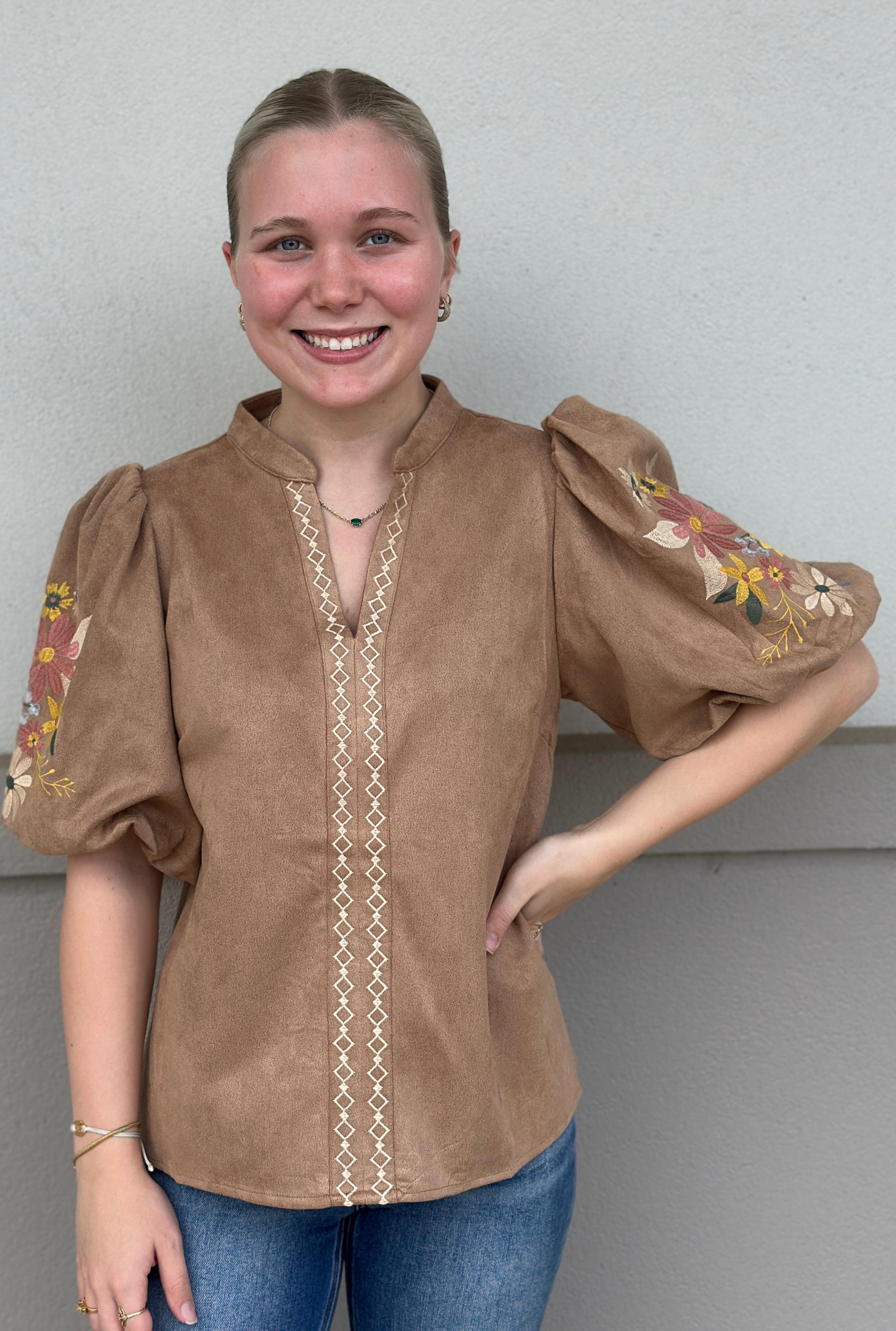 CAMEL FAUX SUEDE TOP