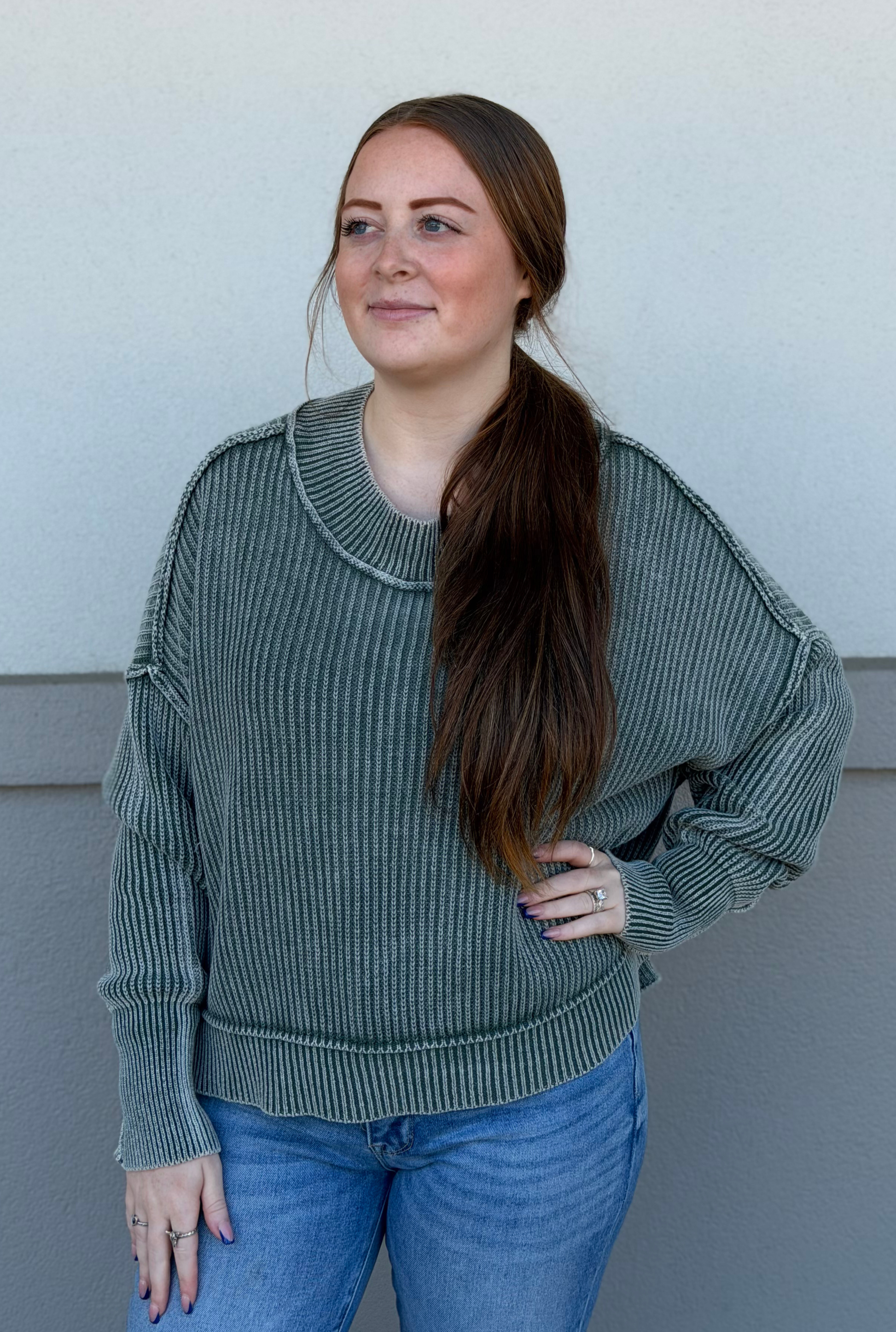 Ash Jade Washed Side Slit Oversized Cropped Sweater