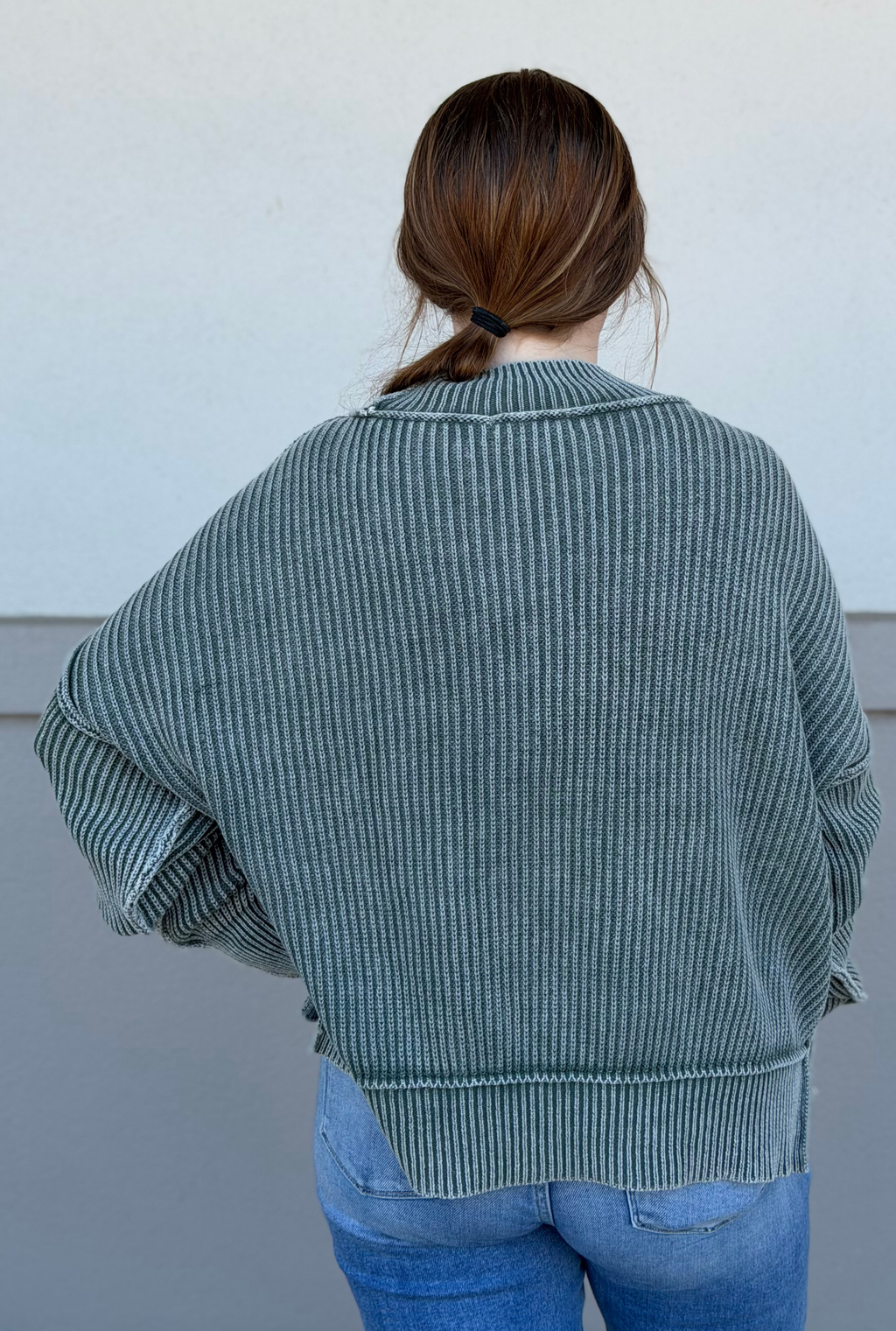 Ash Jade Washed Side Slit Oversized Cropped Sweater