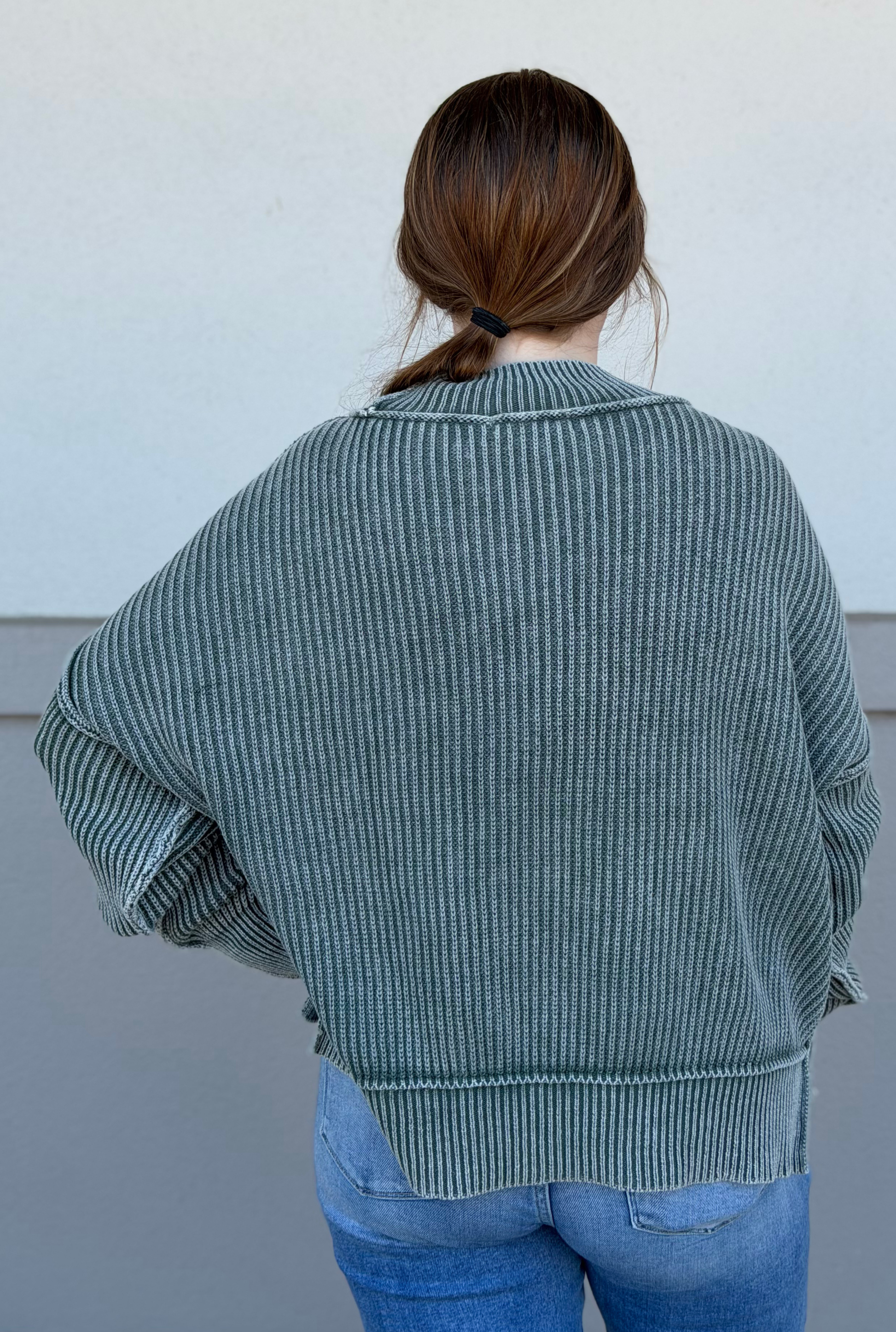 Ash Jade Washed Side Slit Oversized Cropped Sweater