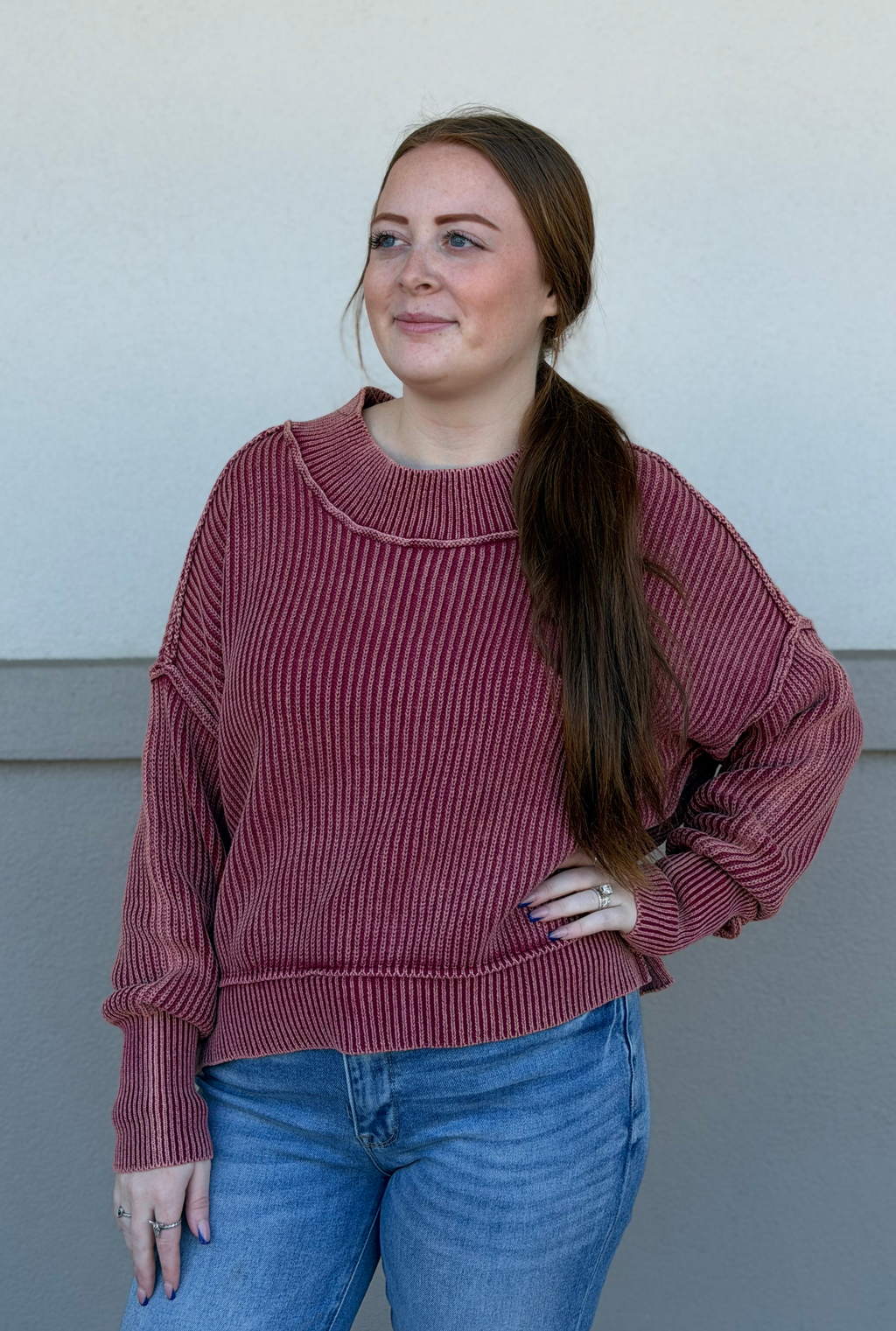Cabernet Washed Side Slit Oversized Cropped Sweater