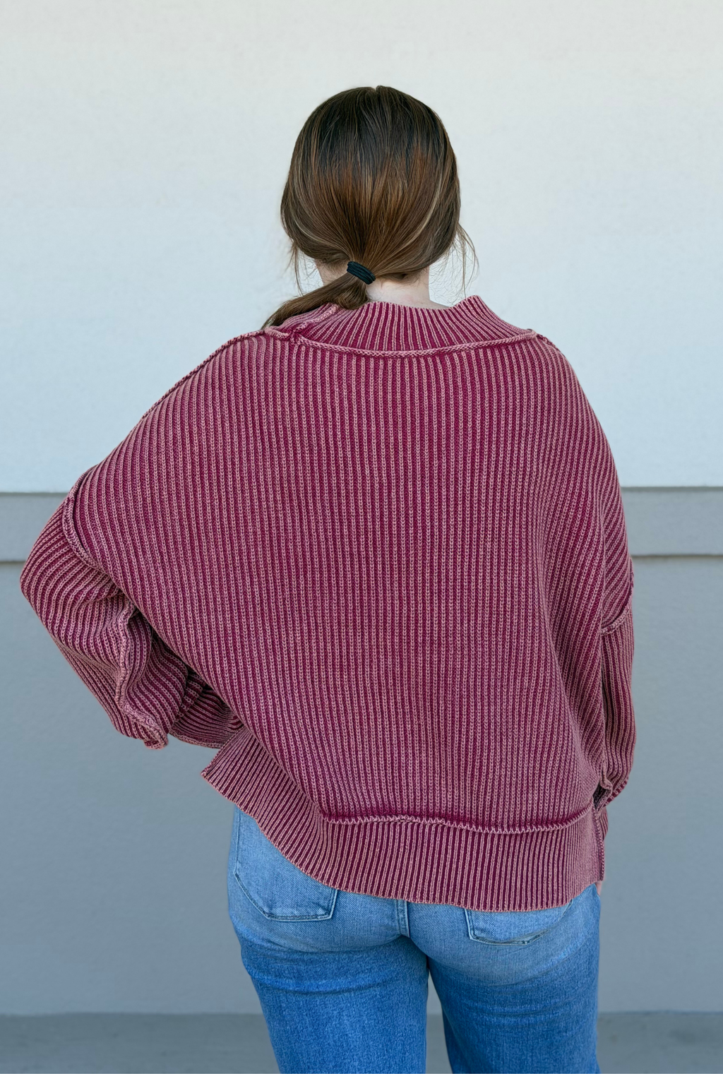 Cabernet Washed Side Slit Oversized Cropped Sweater