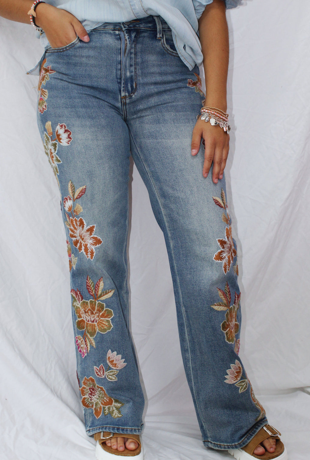 HIGH RISE FLARE EMBROIDERED JEANS