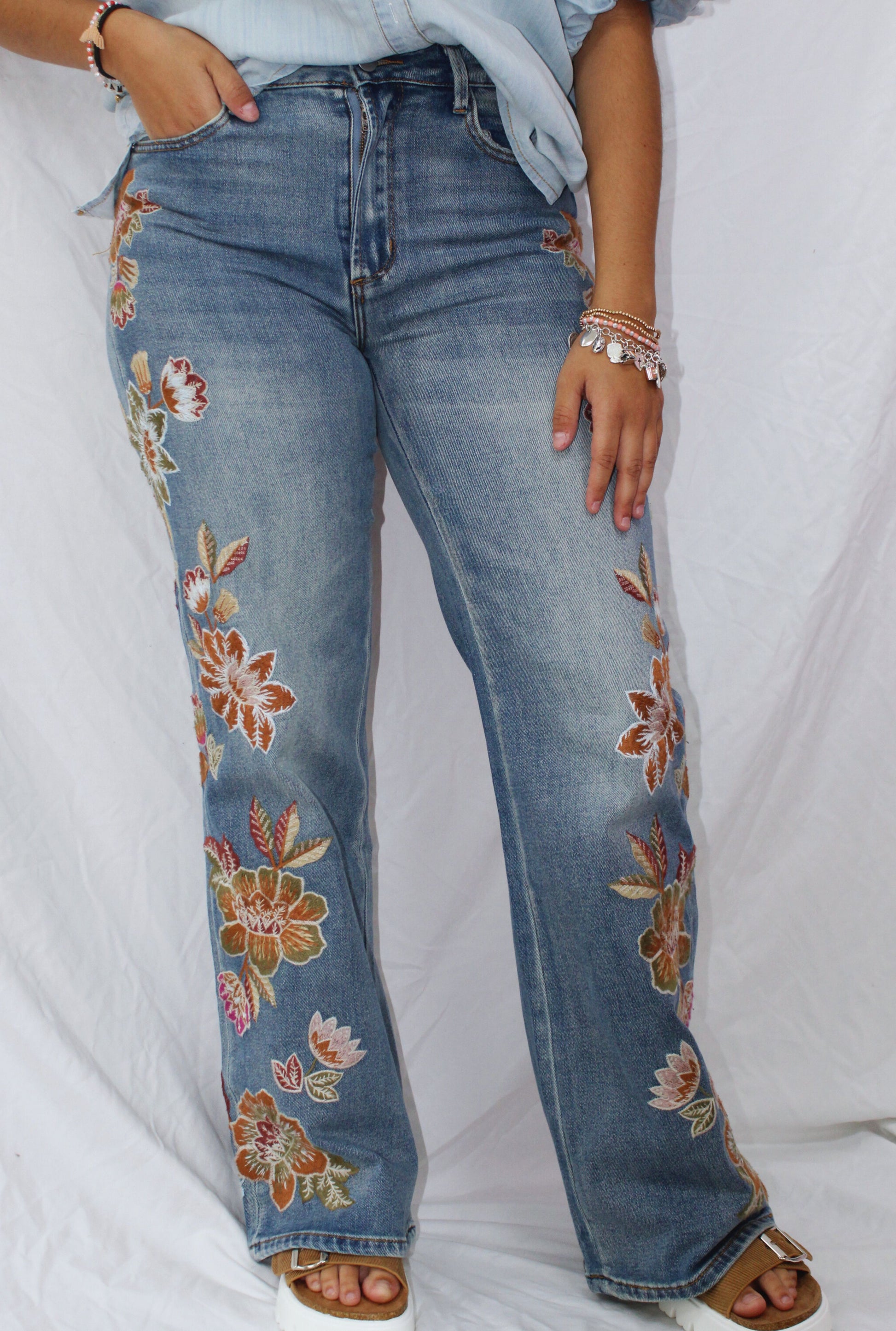 HIGH RISE FLARE EMBROIDERED JEANS