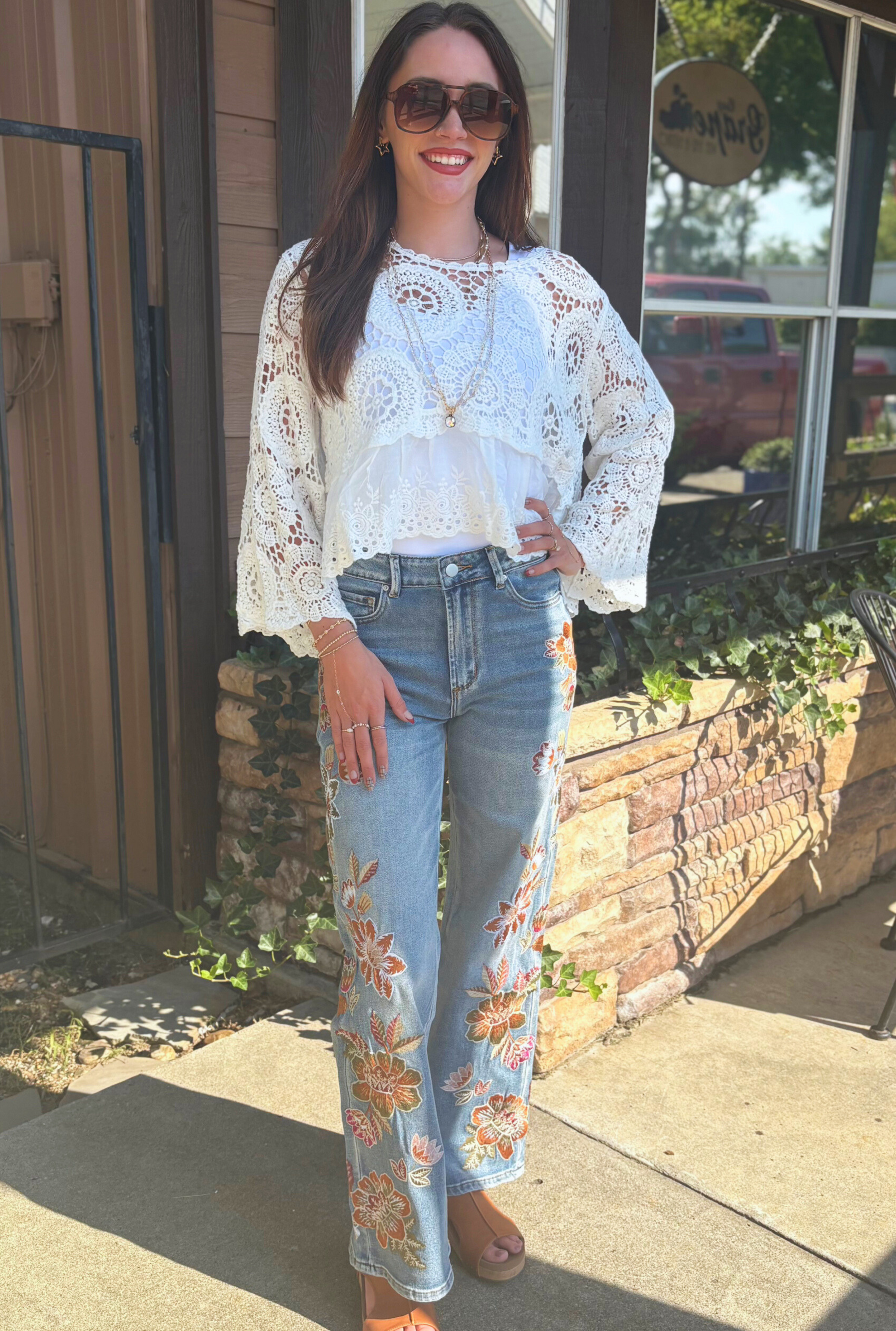 HIGH RISE FLARE EMBROIDERED JEANS