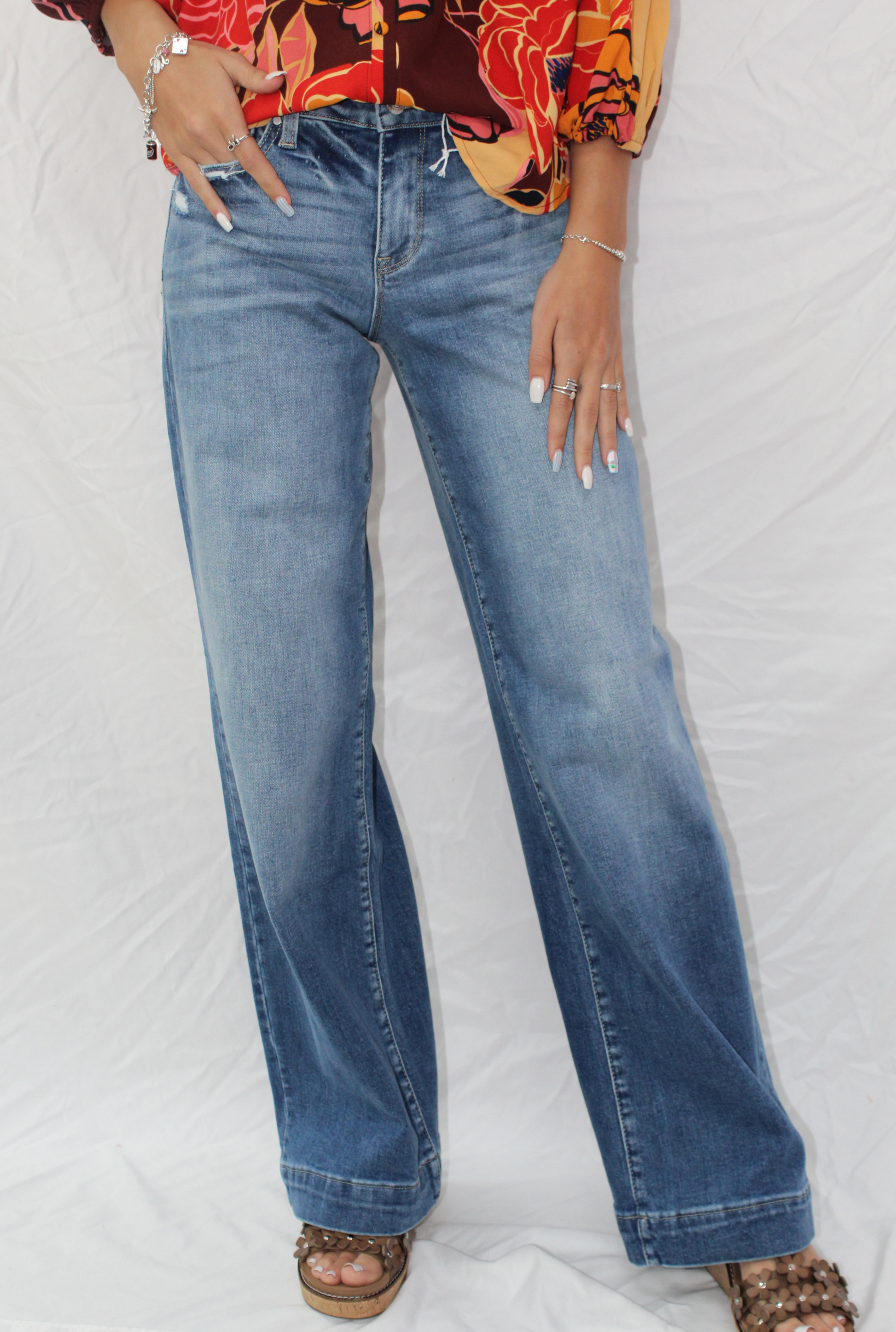 Mid Rise Stretch Trouser Wide Leg Jeans