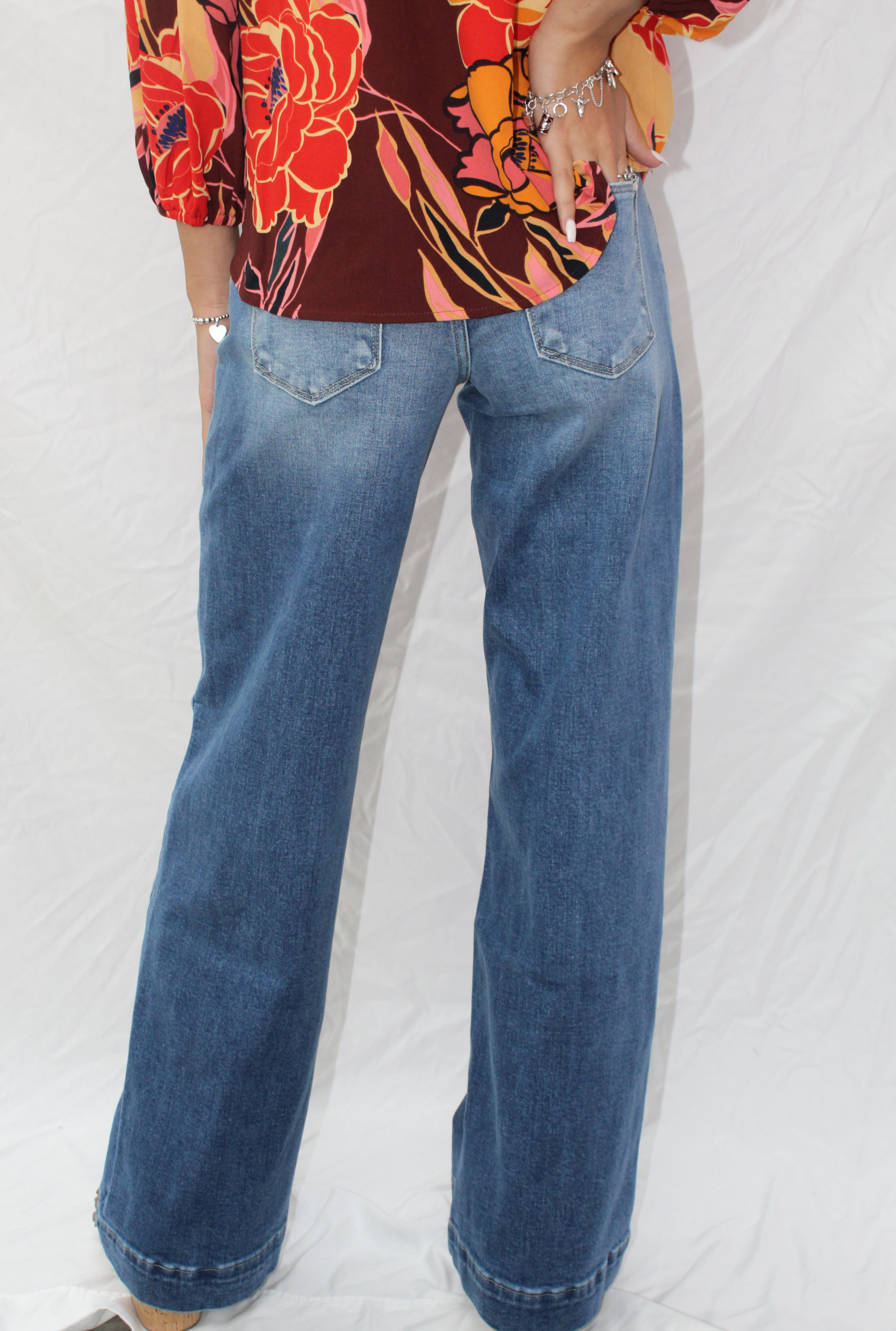 Mid Rise Stretch Trouser Wide Leg Jeans