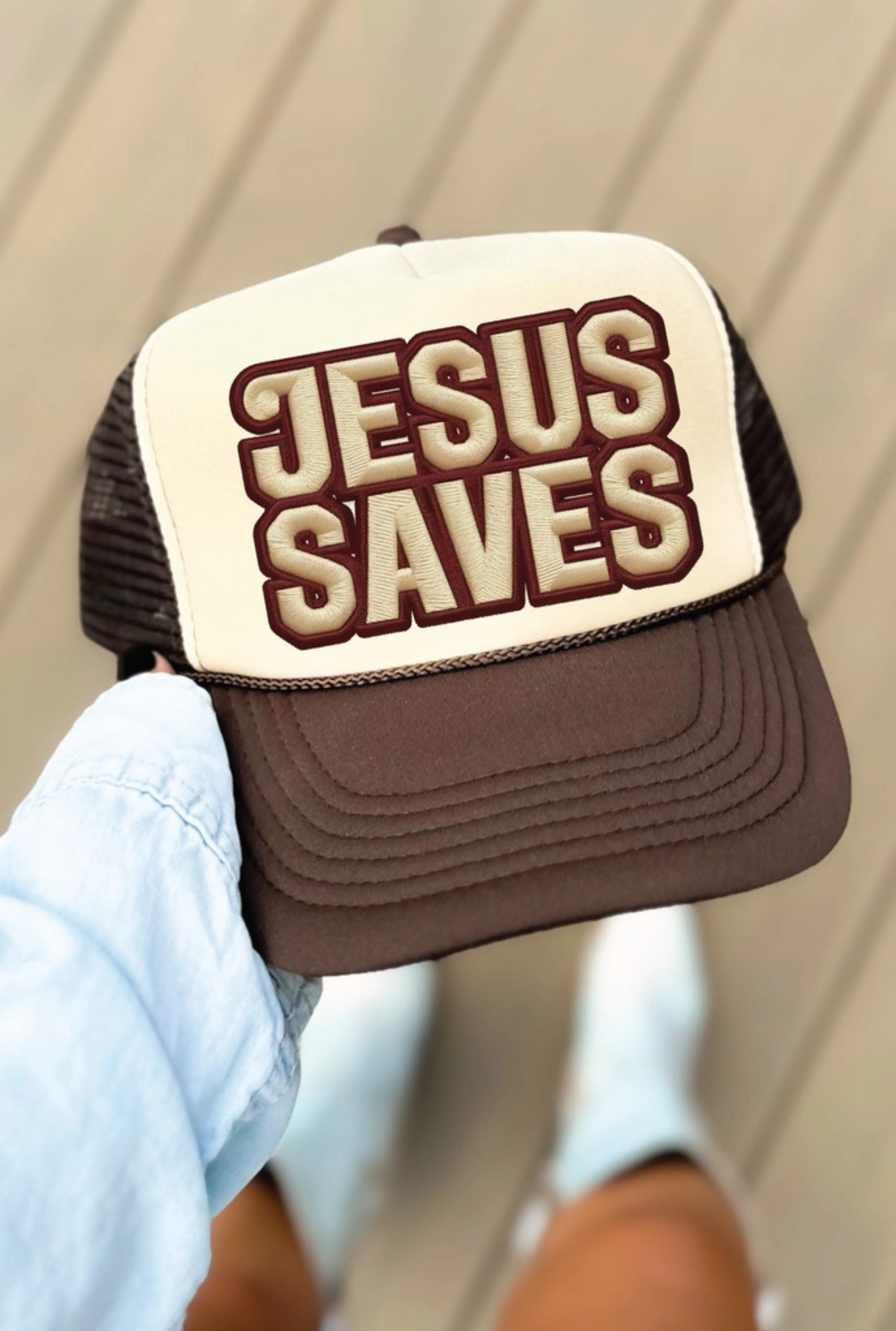 Jesus Saves Faux Embroidery Dtf Printed Brown and Tan Trucker Hat