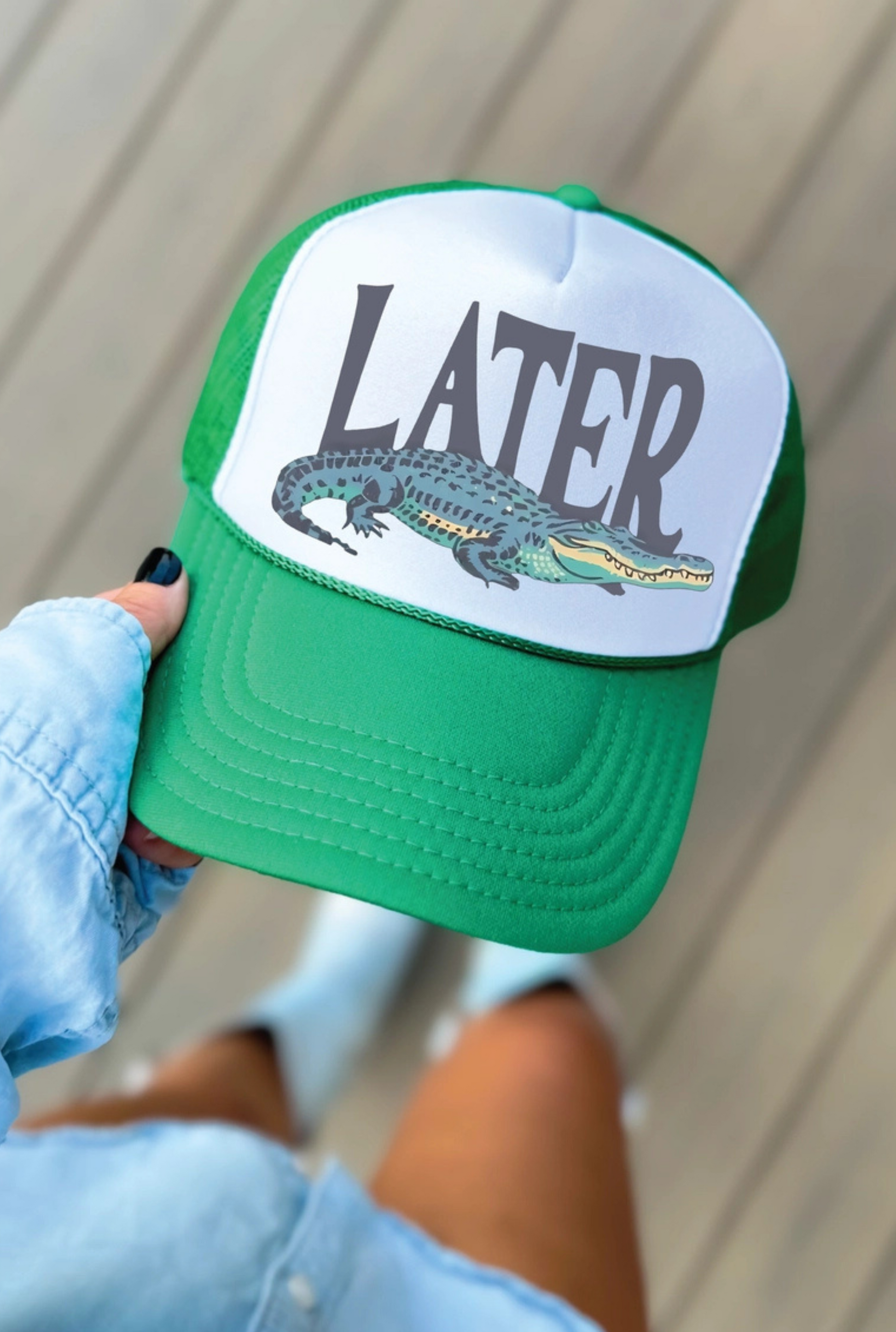 Later Gator Dtf Printed Green and White Trucker Hat