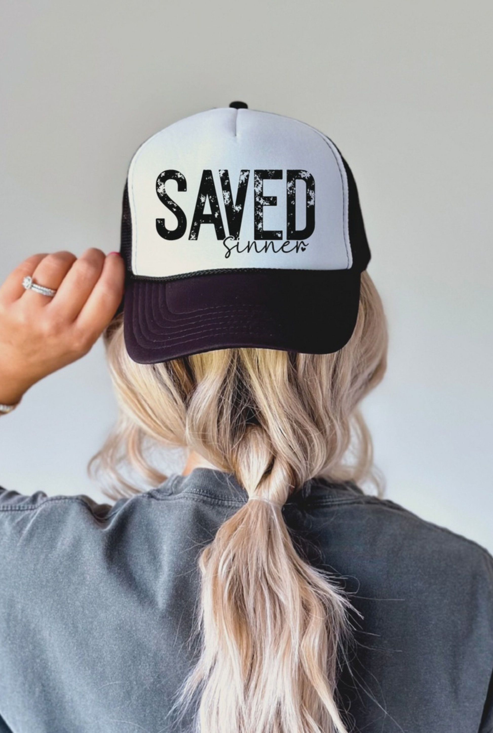 Saved Sinner Dtf Printed Black and White Trucker Hat
