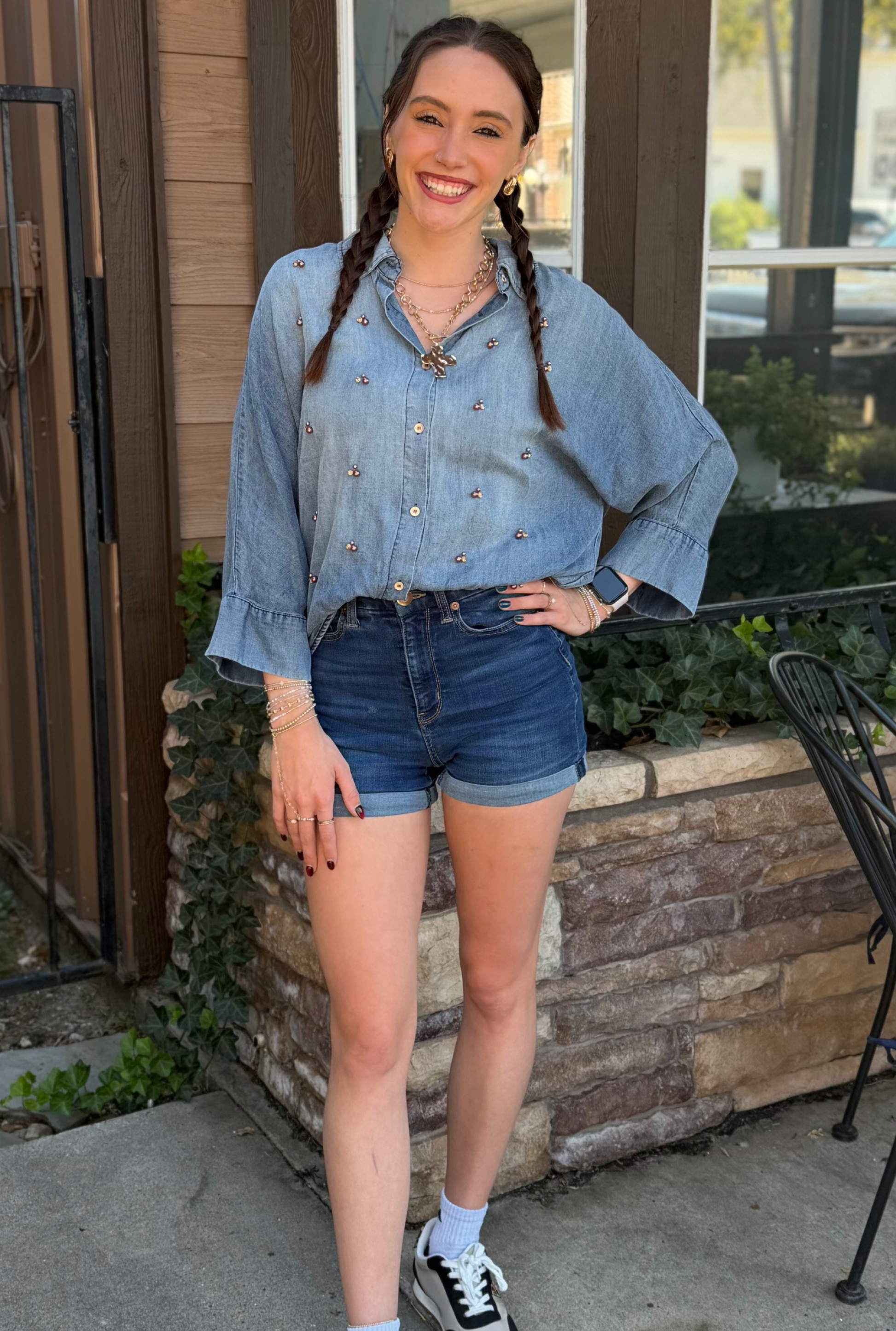Pearl Embellished Chambray Top