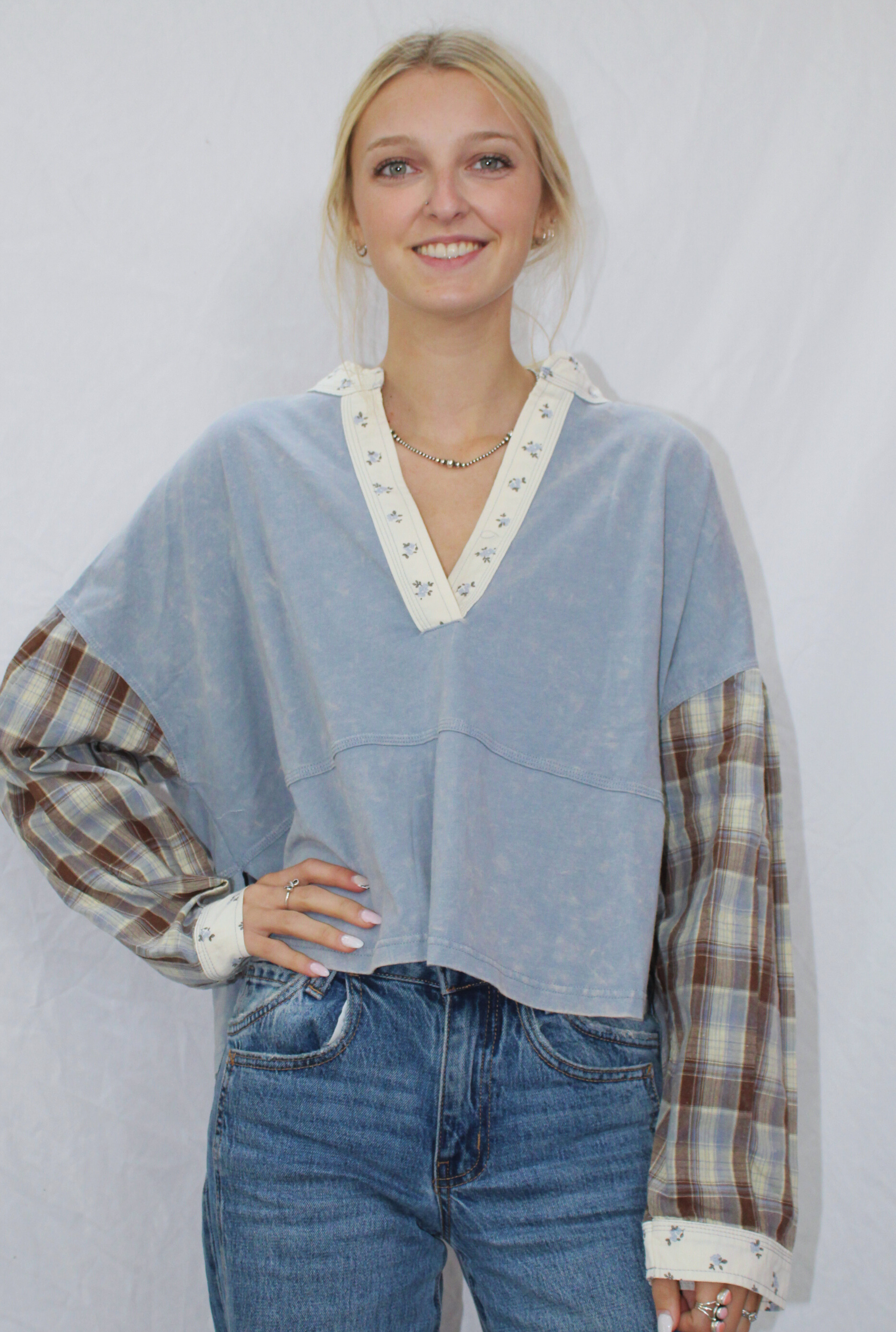 DENIM FLORAL PLAID TOP
