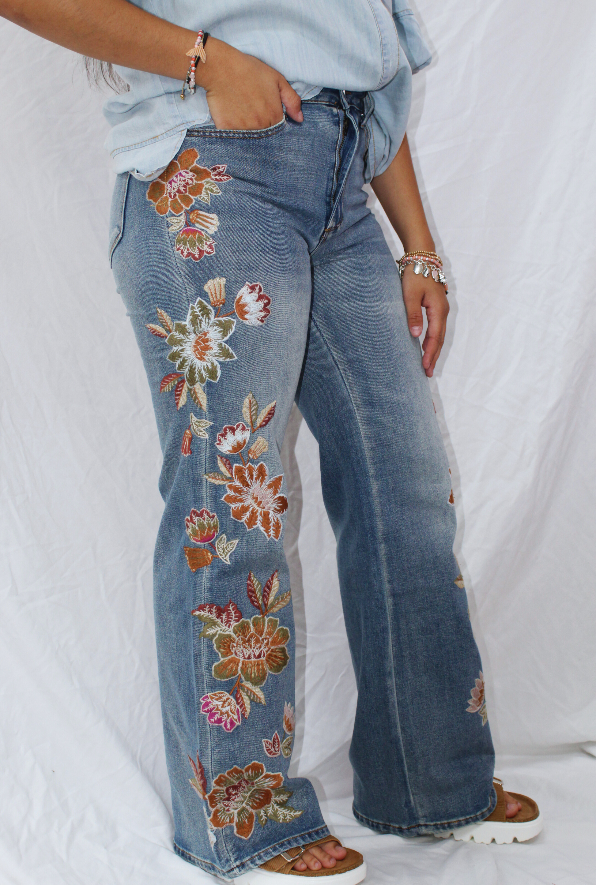 HIGH RISE FLARE EMBROIDERED JEANS