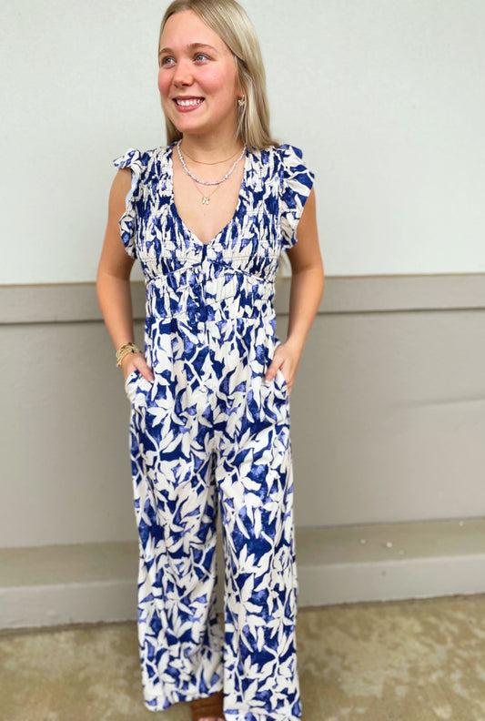 NAVY ABSTRACT JUMPSUIT
