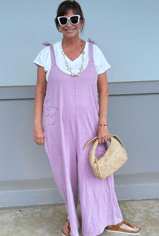 MAUVE MINERAL WASH TIE SHOULDER JUMPSUIT
