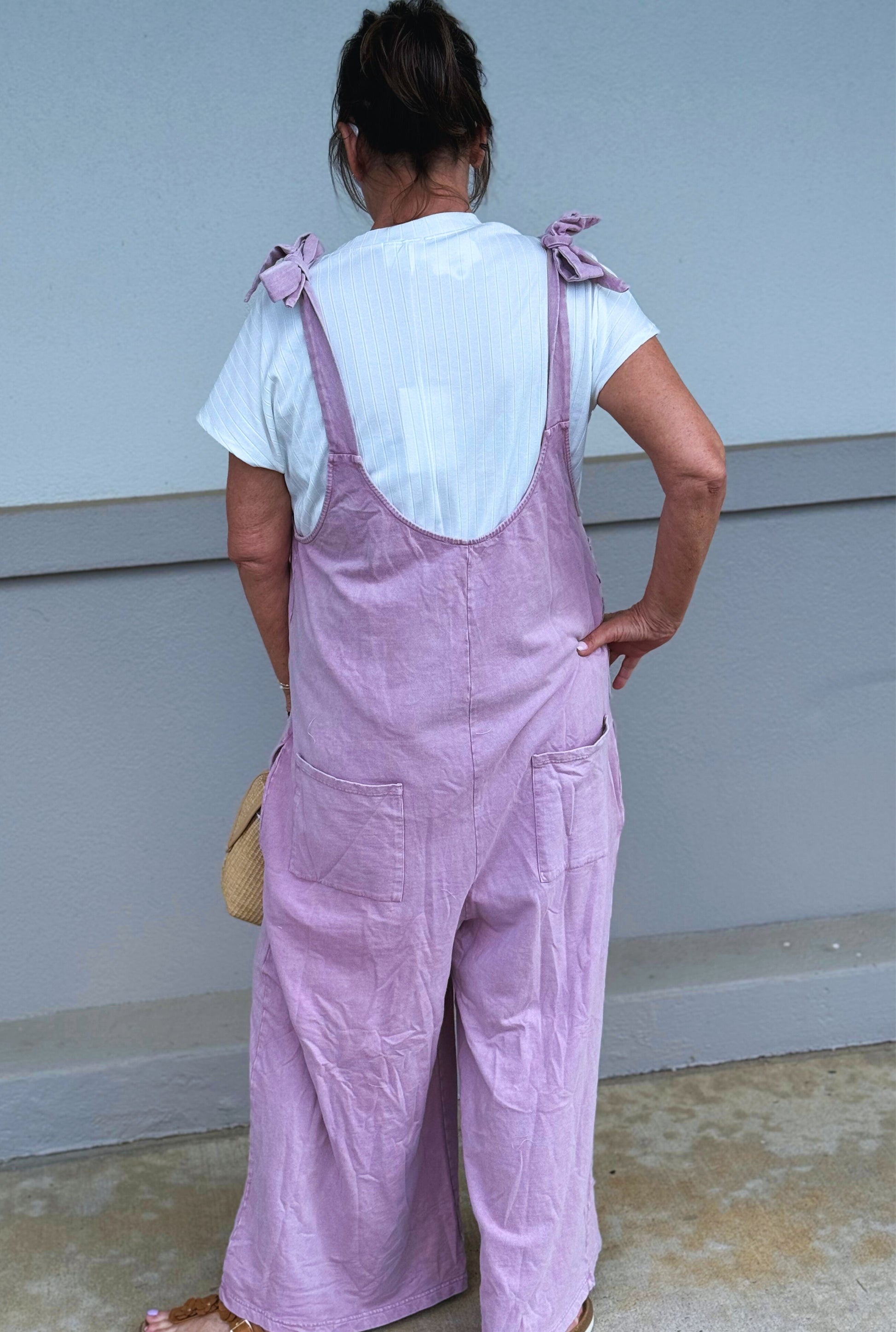 MAUVE MINERAL WASH TIE SHOULDER JUMPSUIT