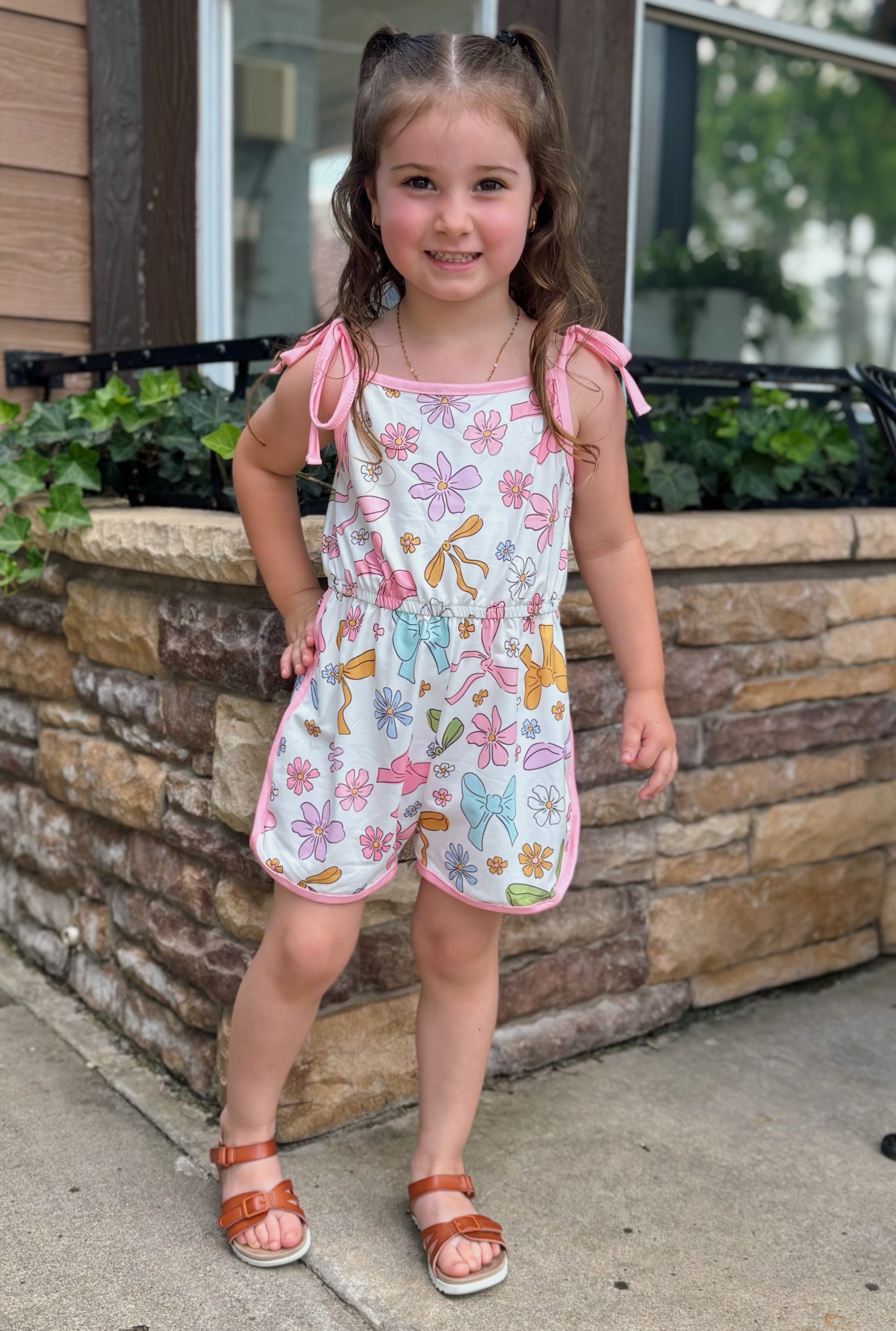 Girls Pink Bow Suspender Jumpsuit