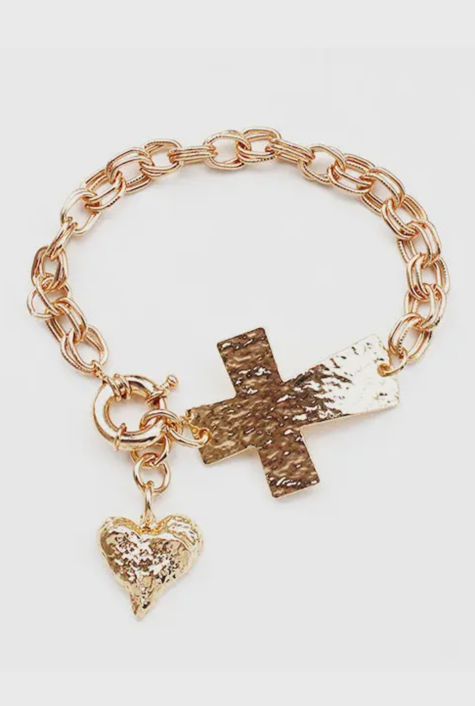 Gold Hammered Cross and Gold Heart Charm Toggle Bracelet