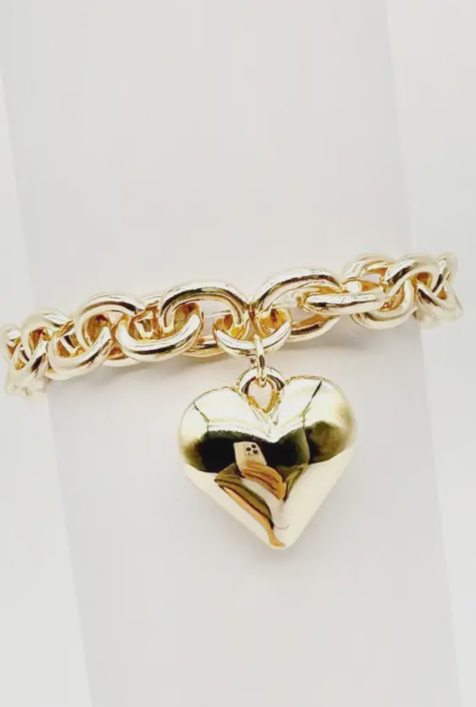 Gold Stretch Chain with Gold Puffy Heart Charm Bracelet