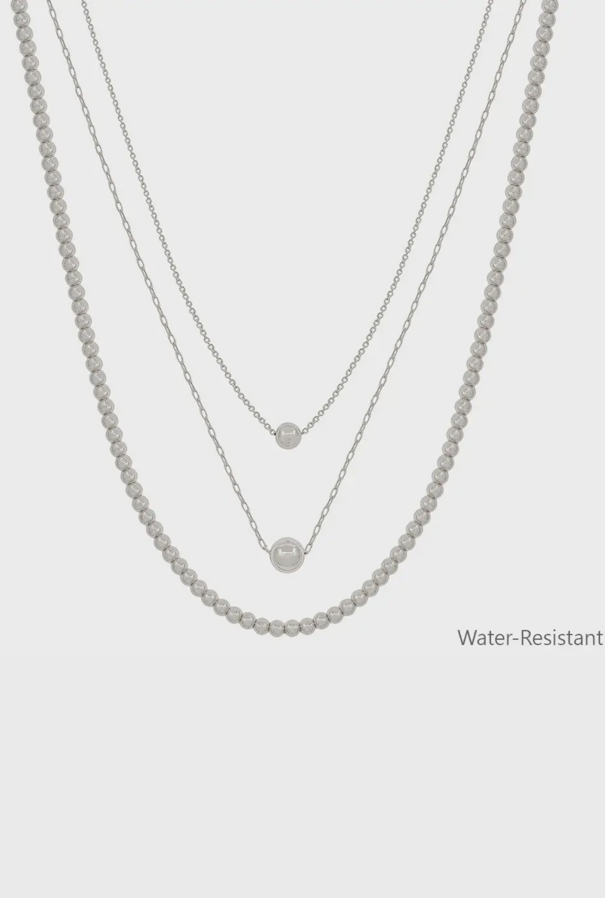 Water Resistant Triple Layered Silver Beaded and Chain Necklace