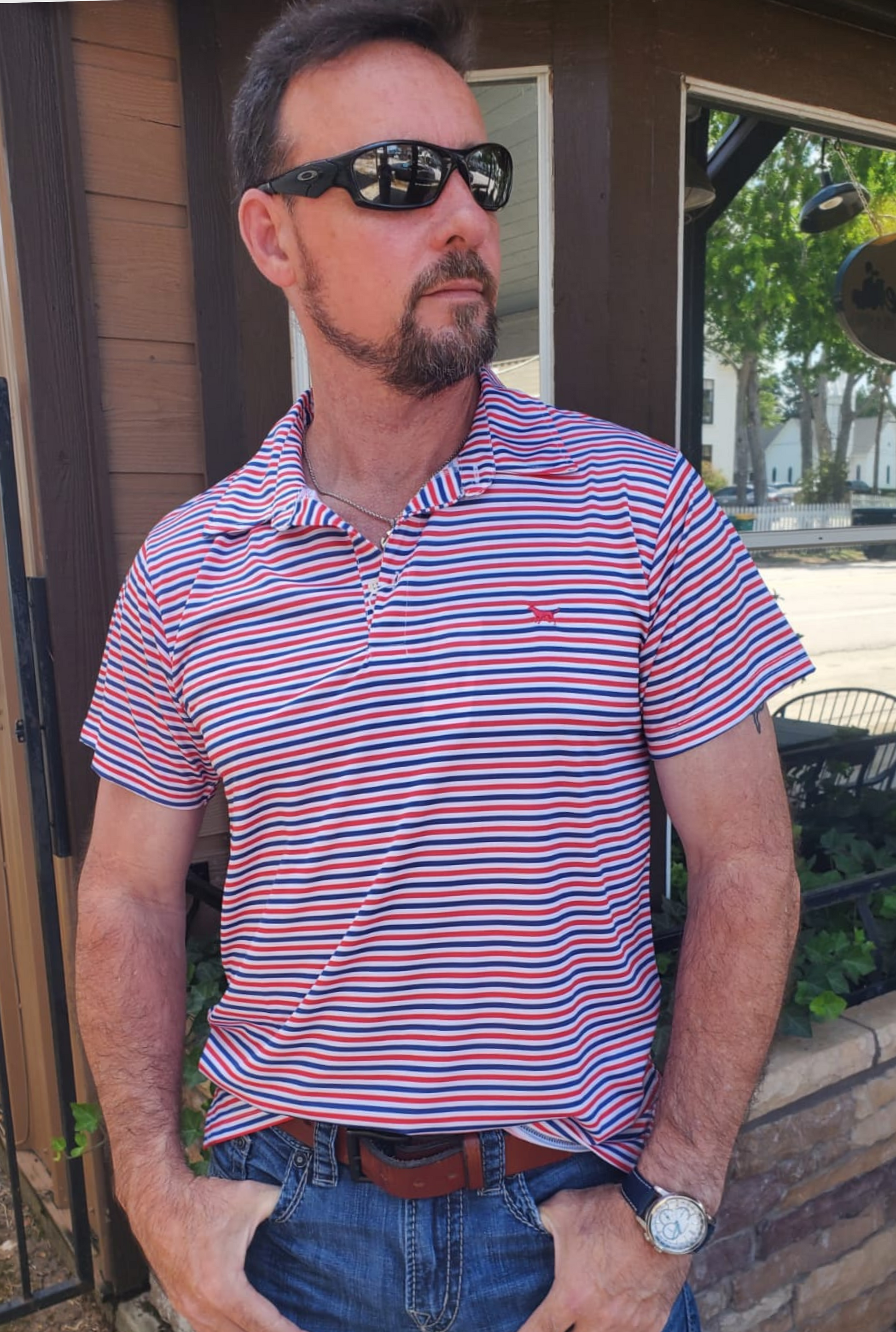 MEN'S RED STRIPED POLO TOP