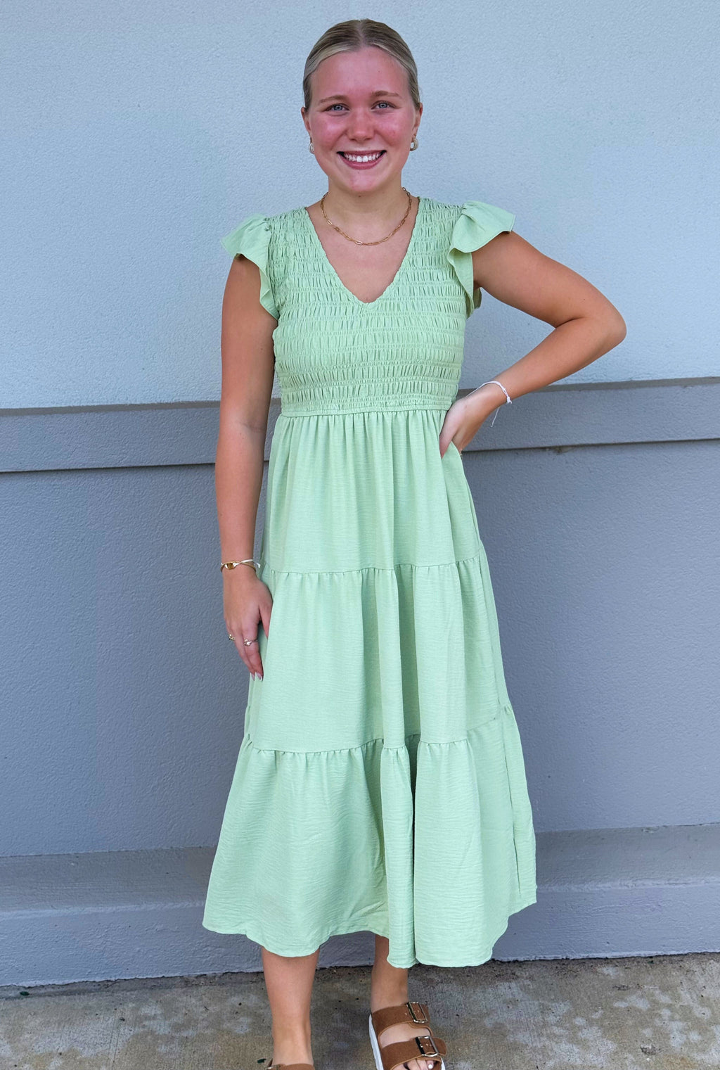 SAGE FLUTTER DRESS