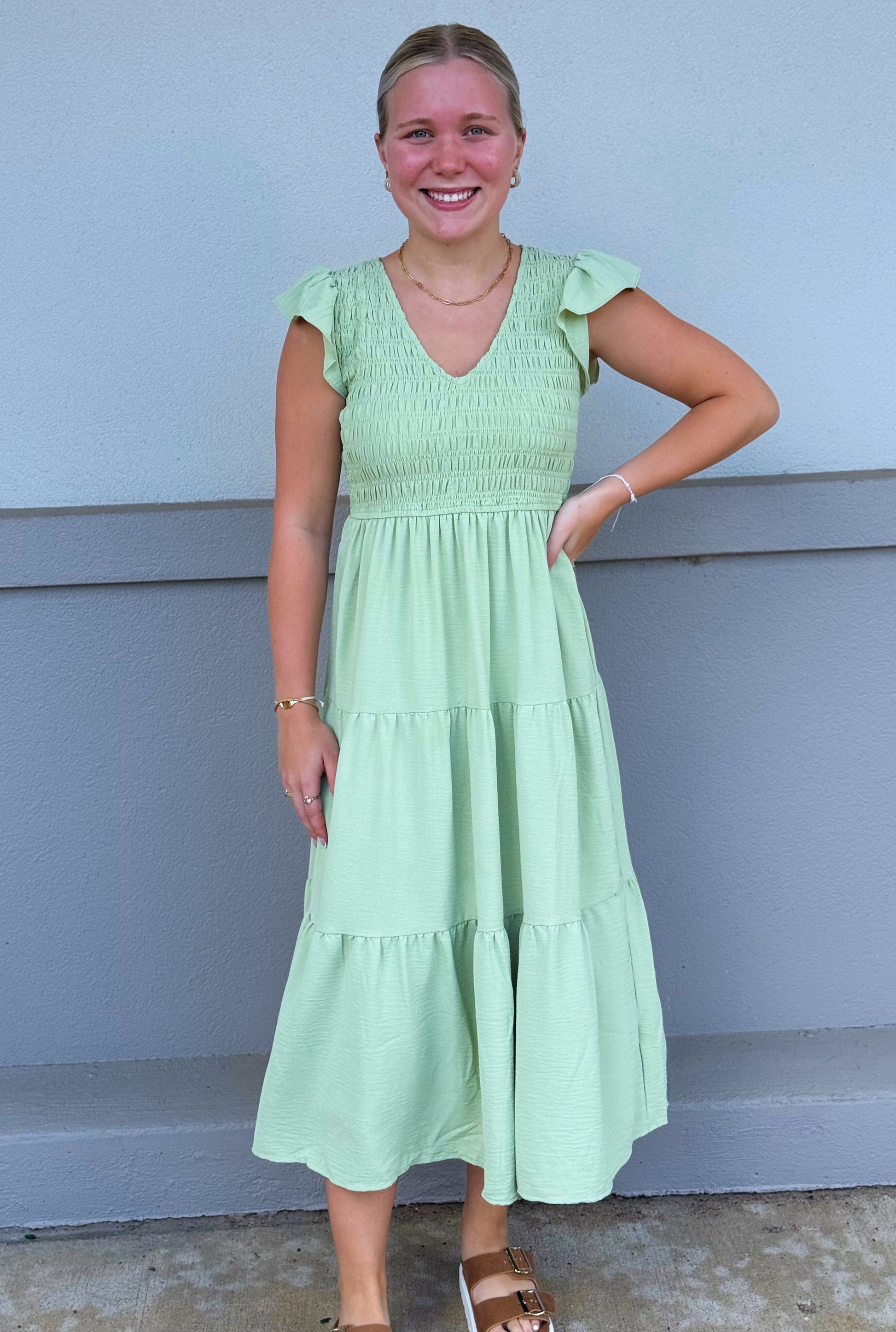 SAGE FLUTTER DRESS