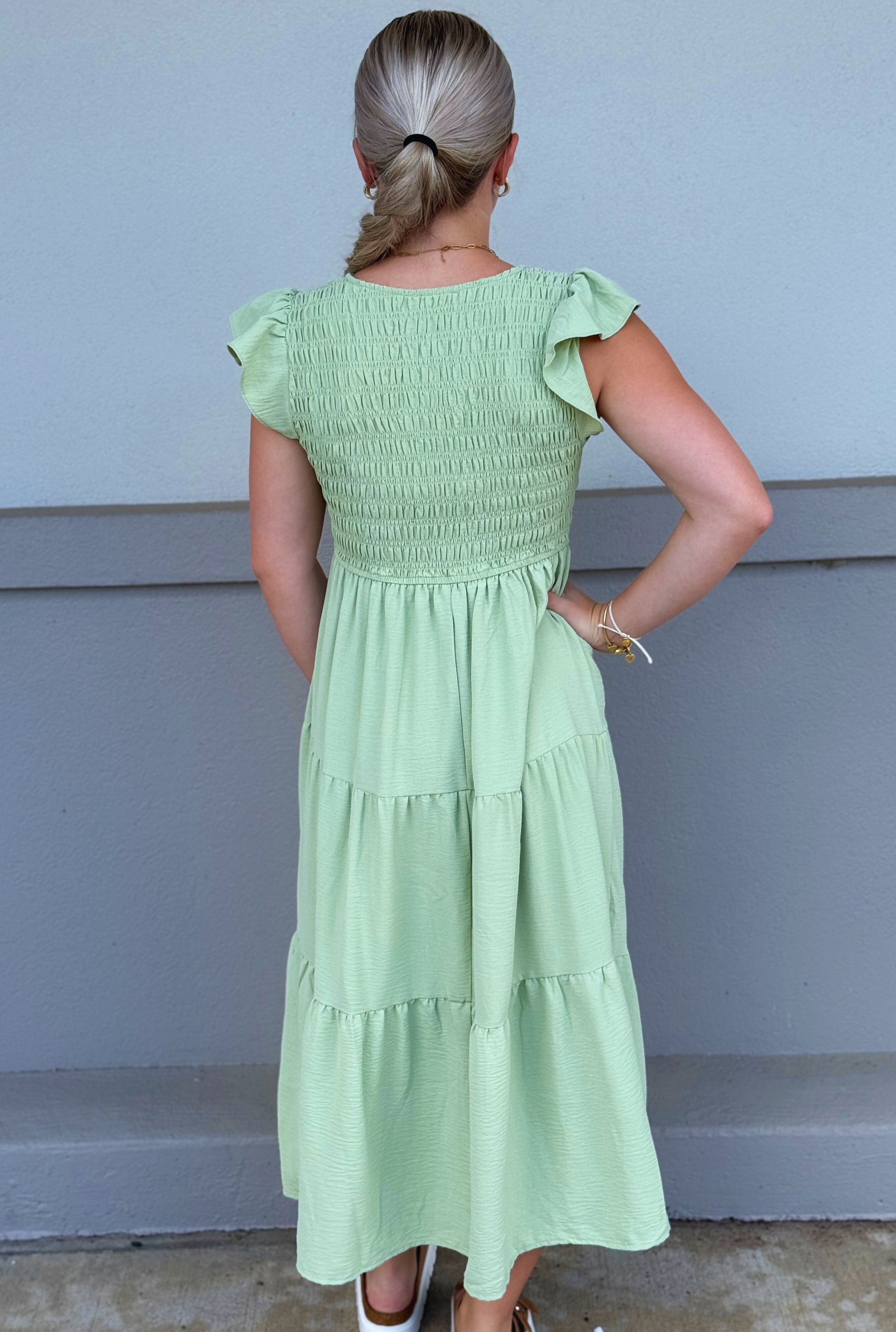 SAGE FLUTTER DRESS