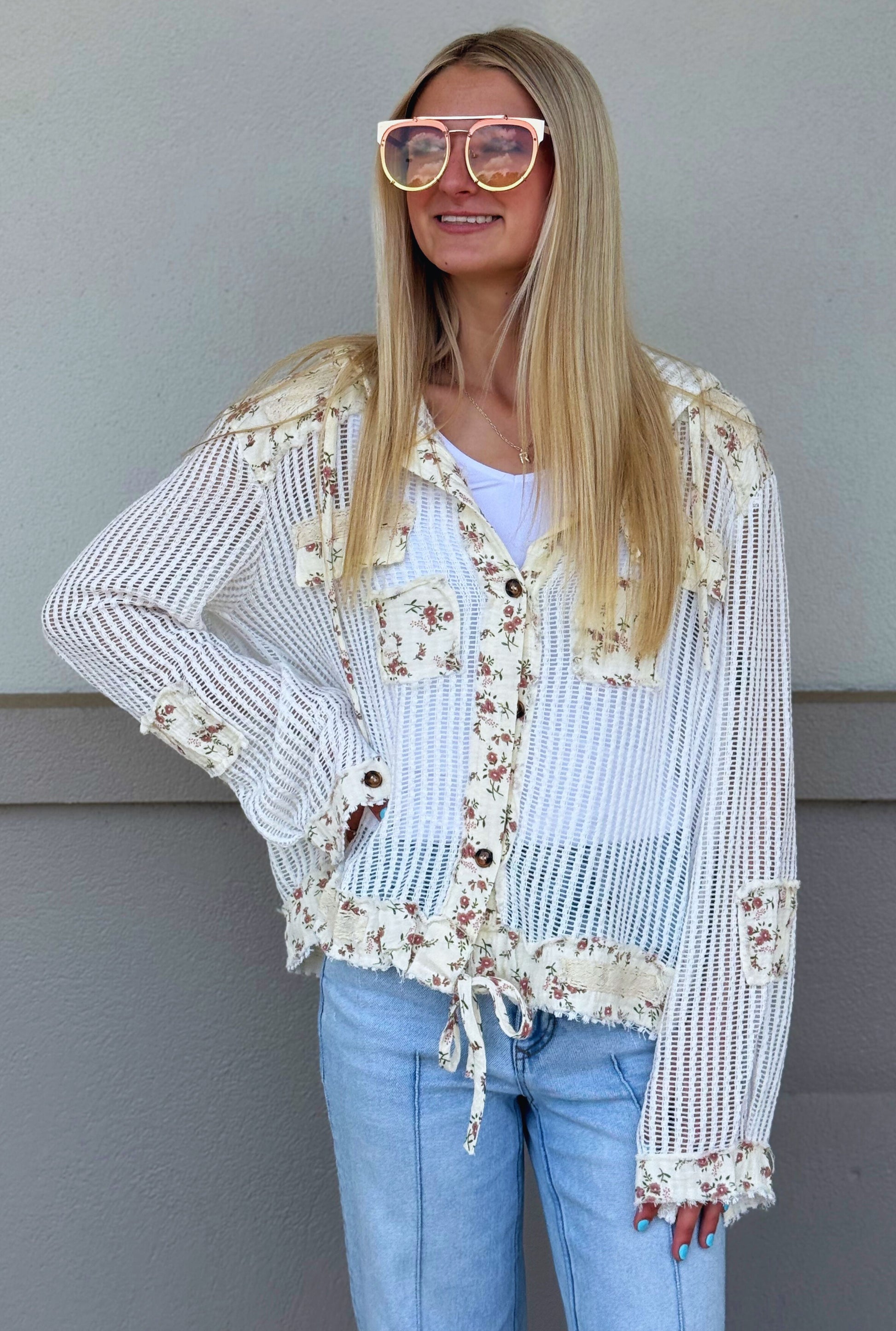 CREAM FLORAL HOODIE TOP