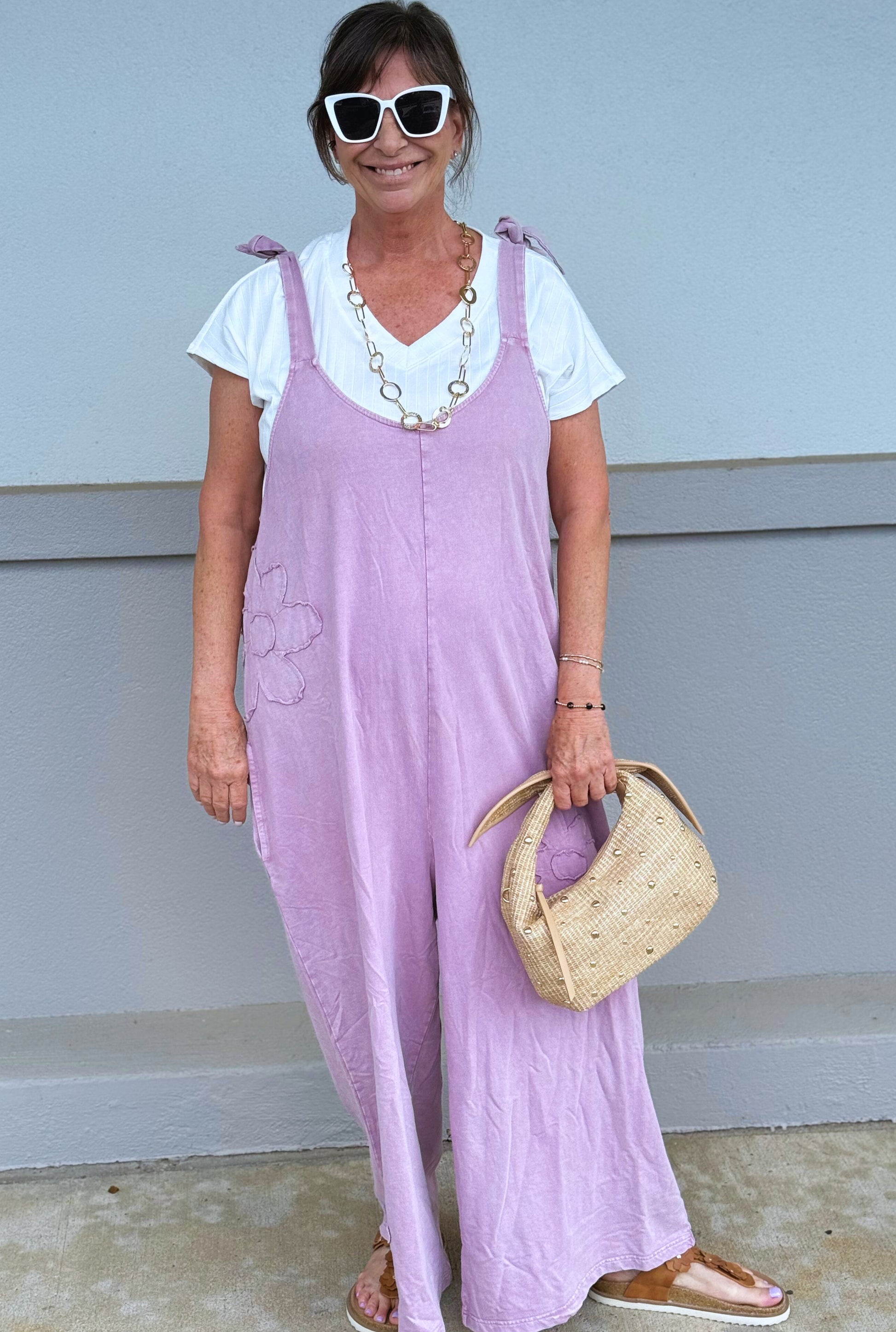 MAUVE MINERAL WASH TIE SHOULDER JUMPSUIT