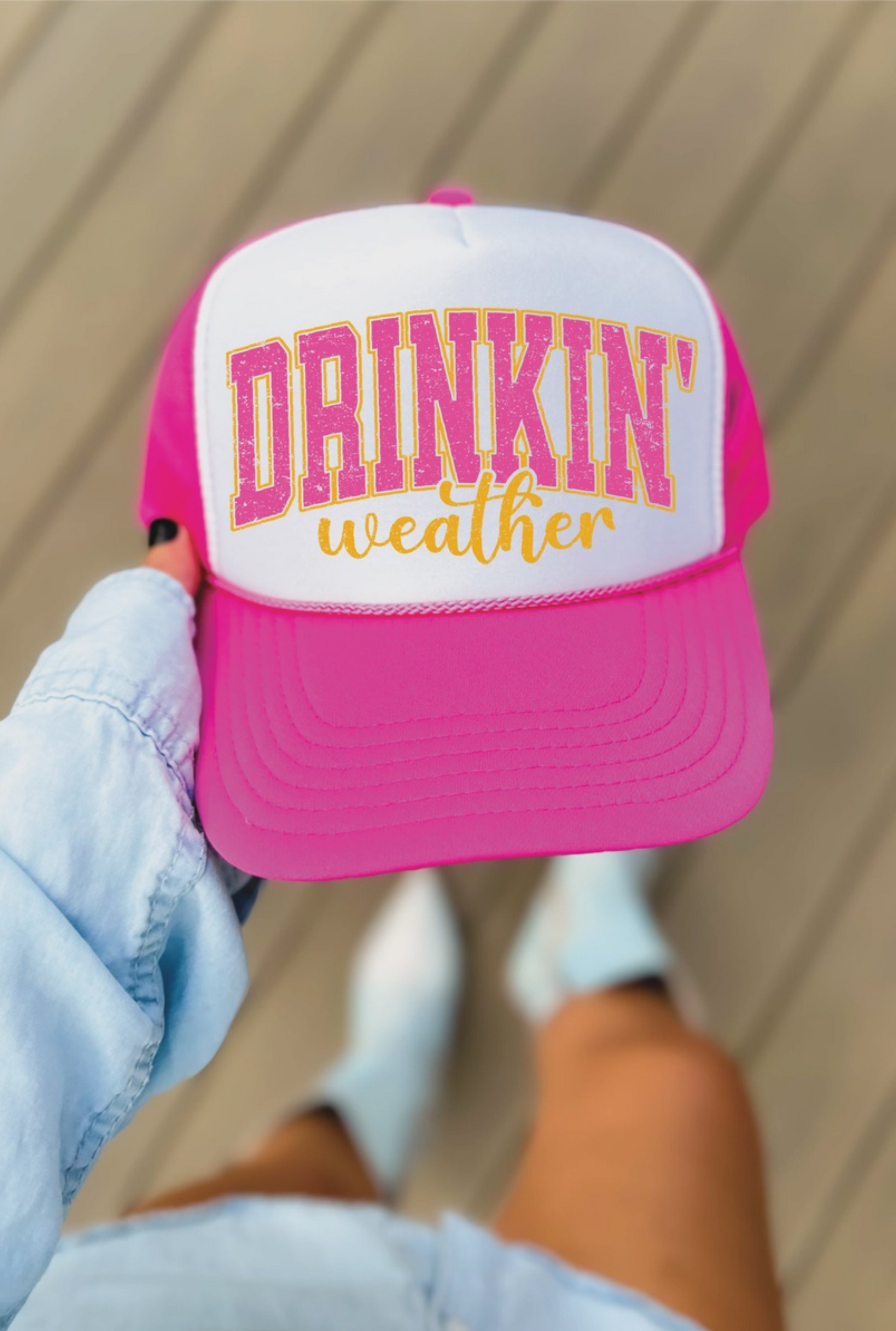 Drinkin' Weather Dtf Printed Hot Pink & White Trucker Hat