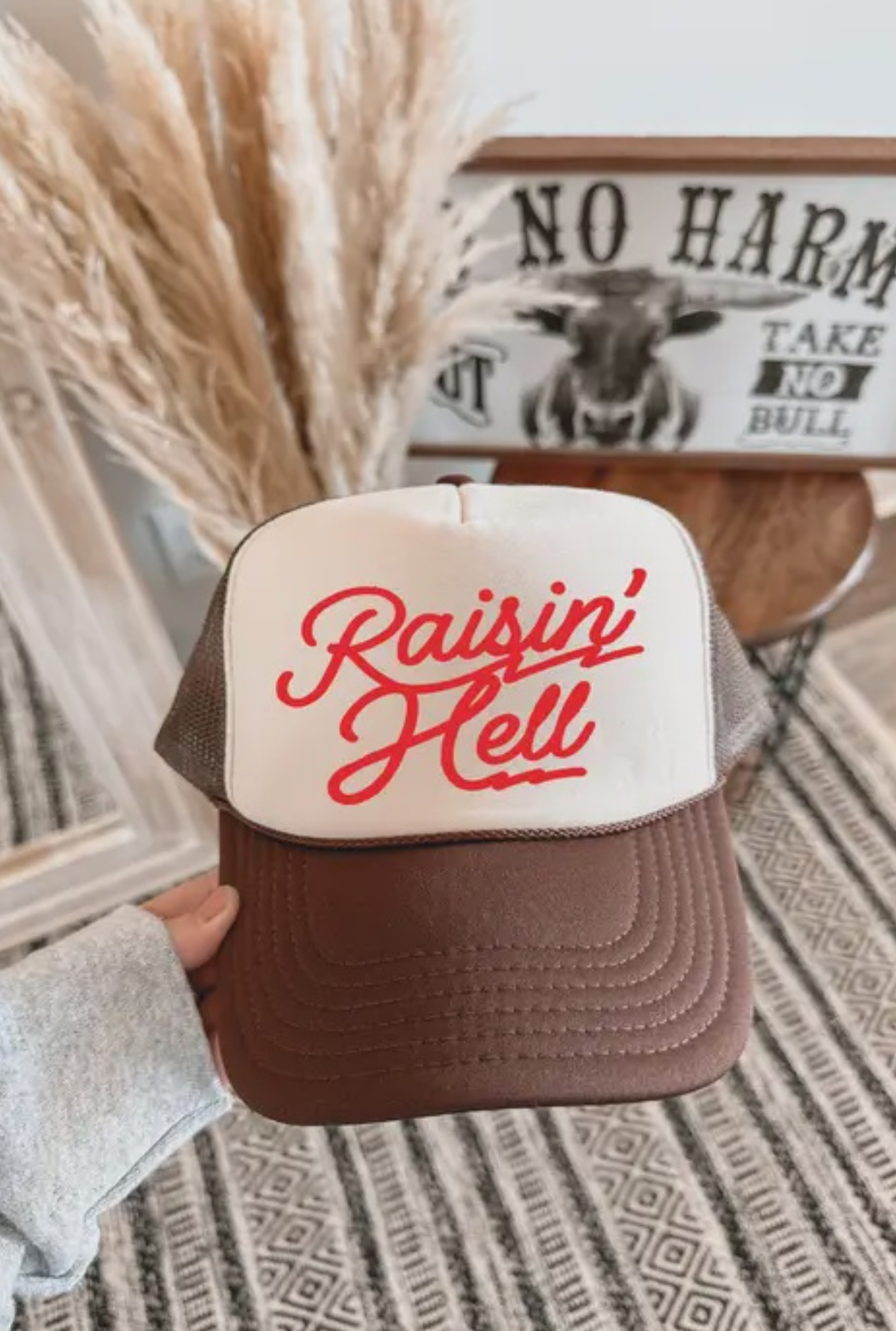 Raisin Hell Dtf On A Brown and Tan Hat