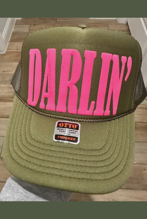 3D Puff Vinyl Darlin Neon Pink On Olive Foam Trucker Hat