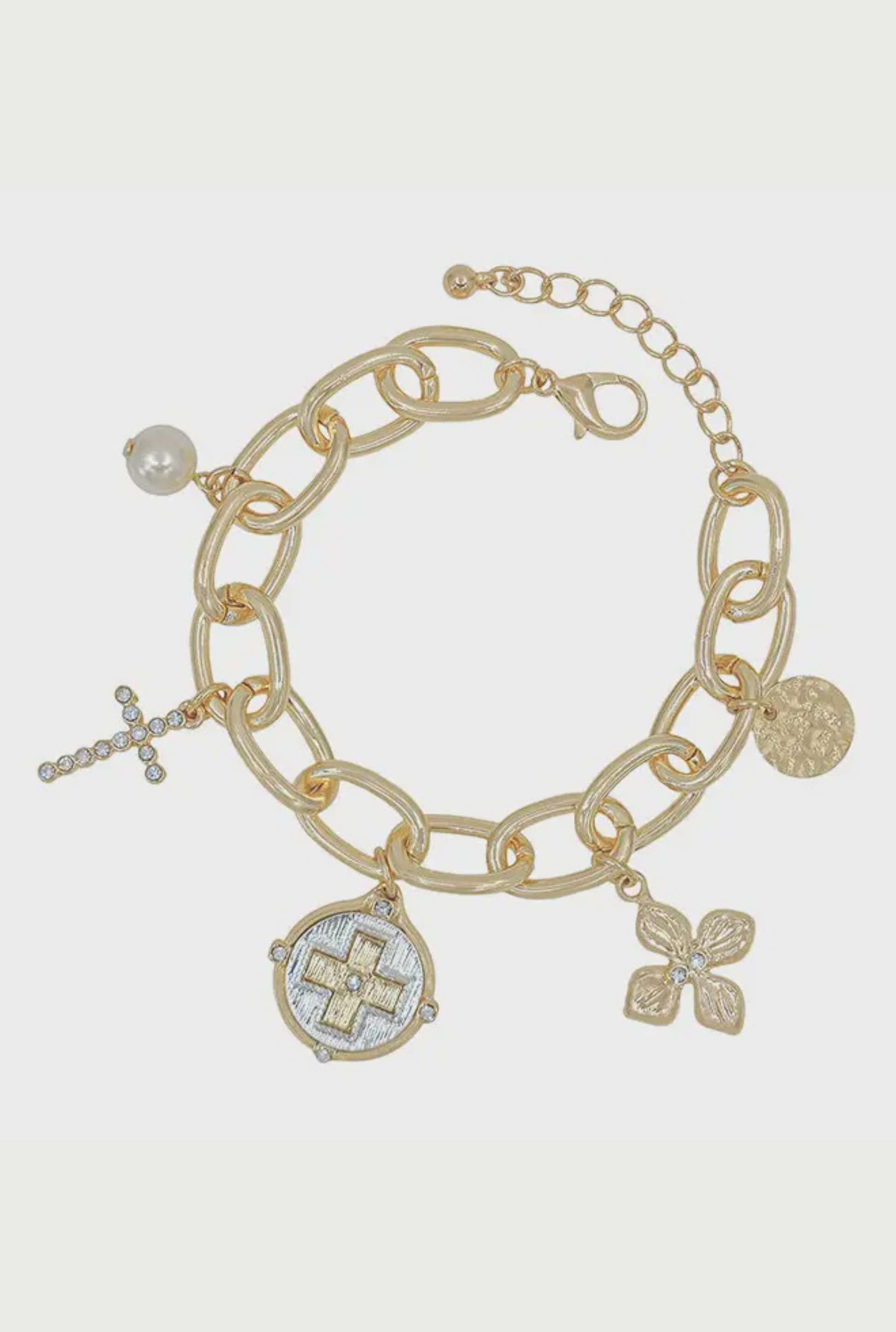 Gold Chain Bracelet with Cross and Coin Charms 7" with Extender
