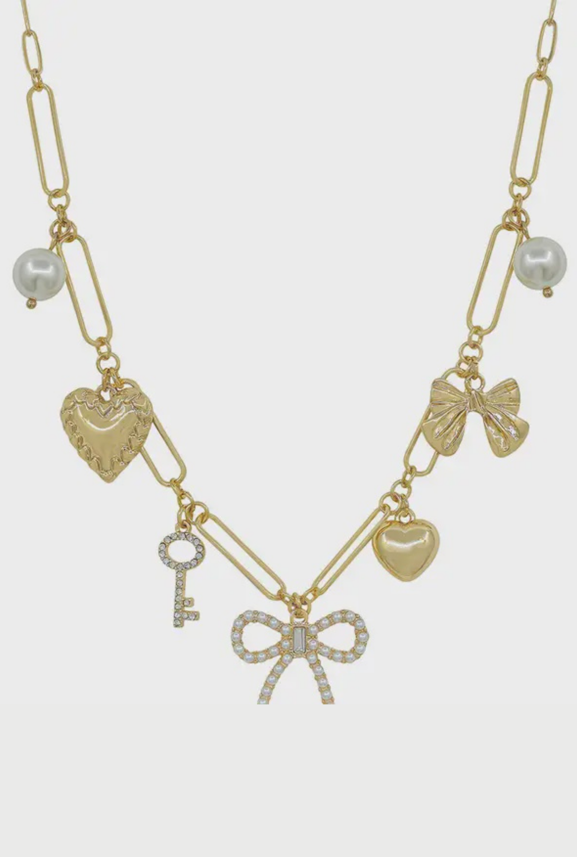 Gold Chain with Pearl Bow, Hearts, Key Charms Necklace