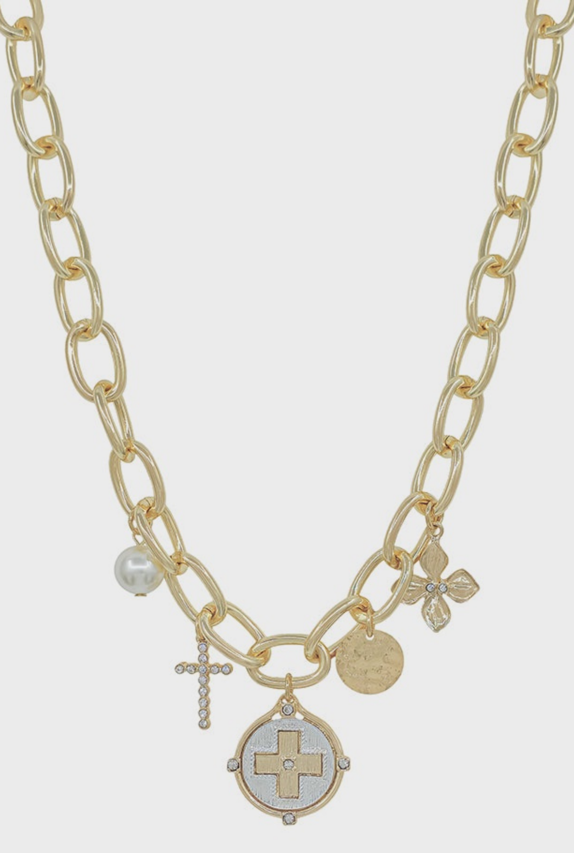 Gold Open Chain with Coin, Cross and Pearl Charm Necklace