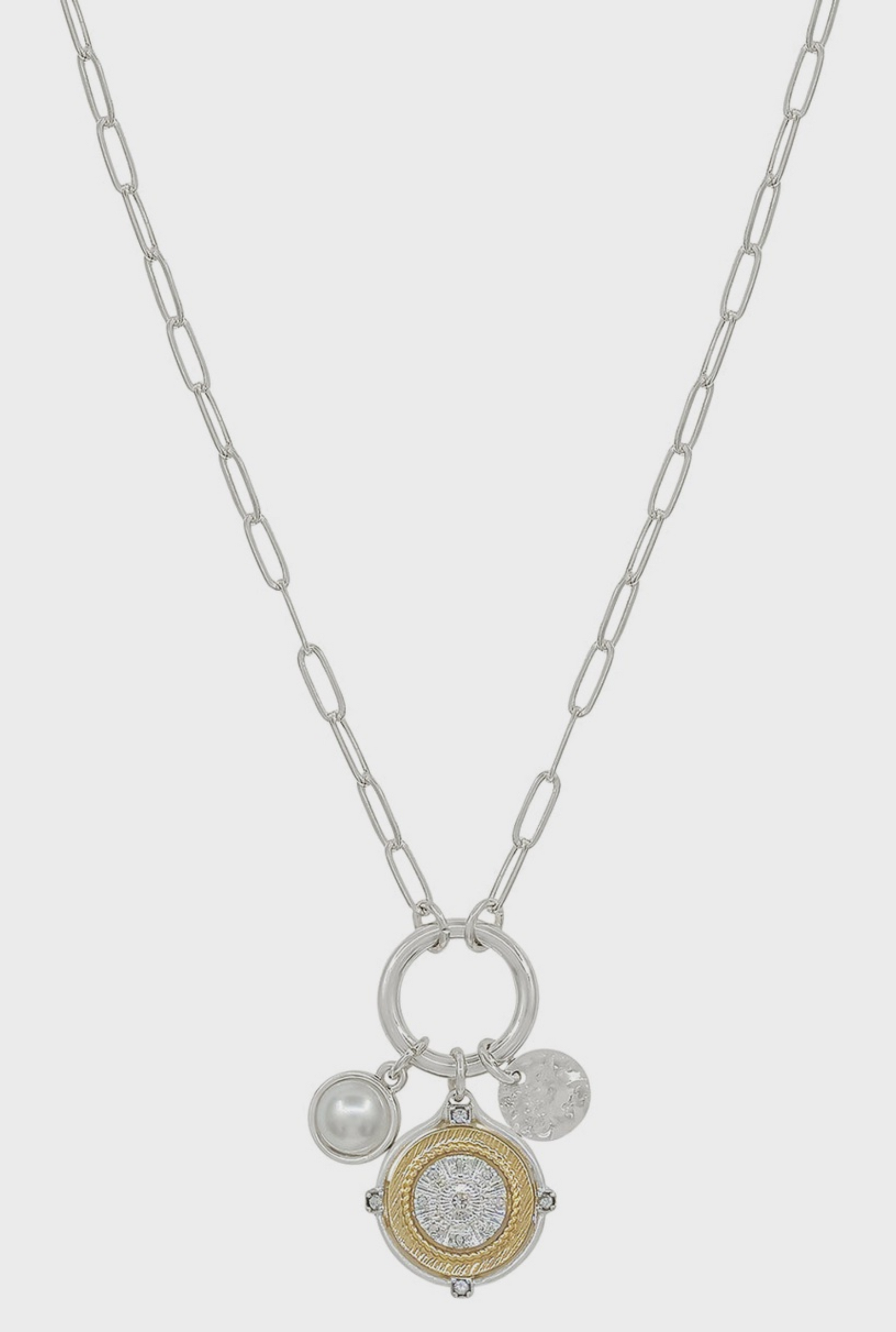 Silver Chain with Coin and Pearls Clip Charm Necklace