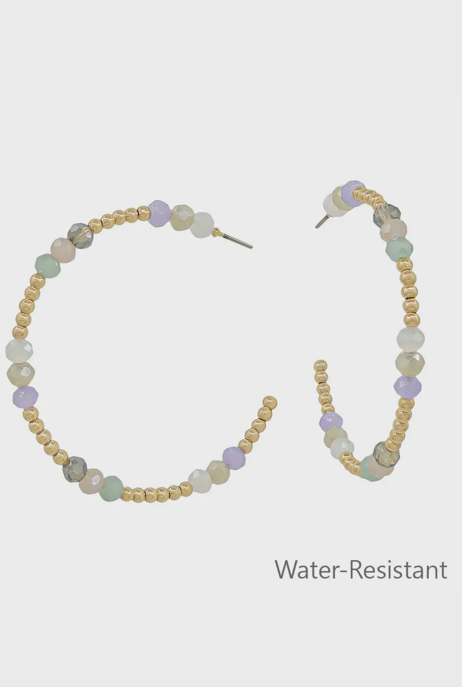 Water Resistant Gold Beaded with Light Multi Crystals Hoop Earring