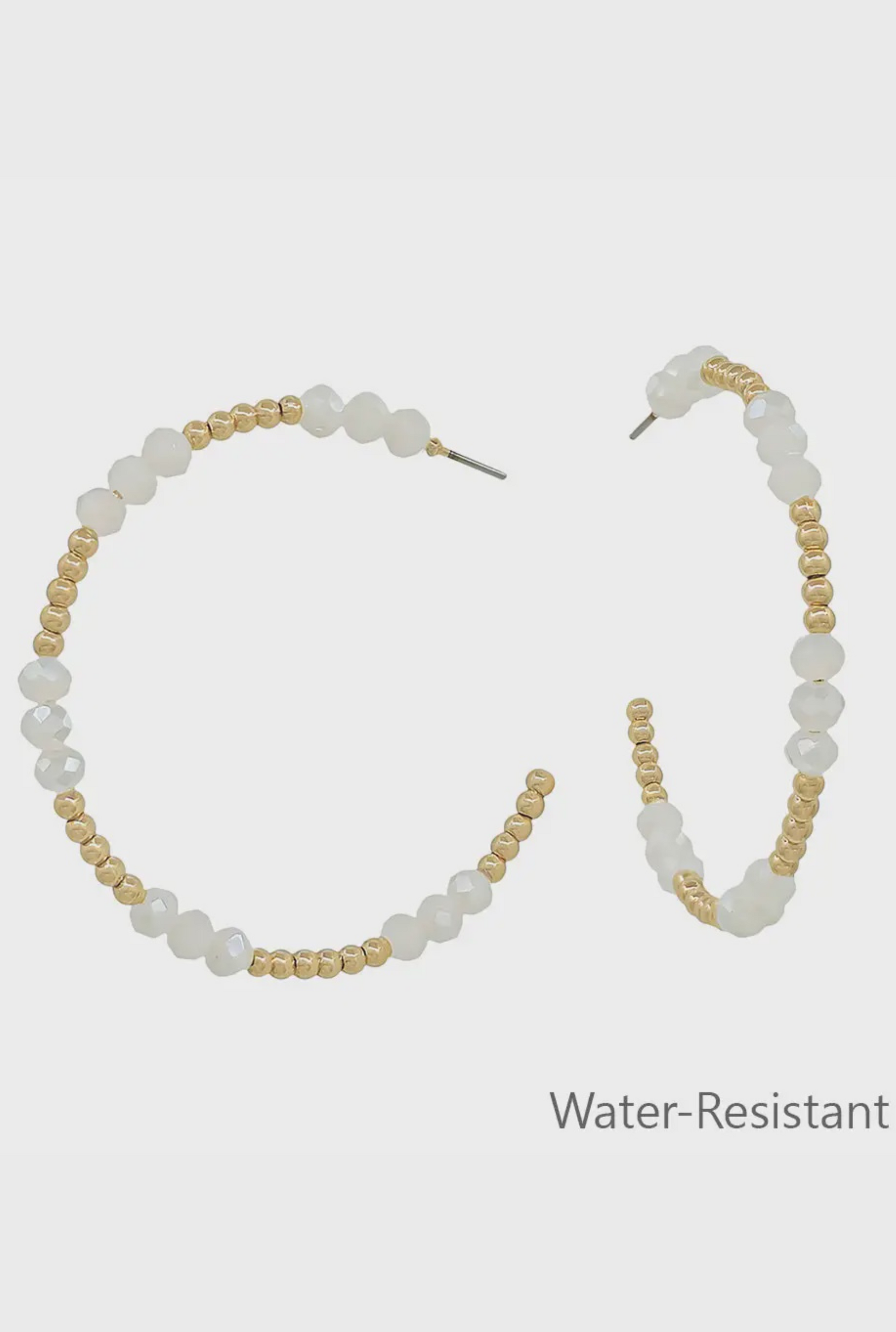 Water Resistant Gold Beaded with White Crystals Hoop Earring