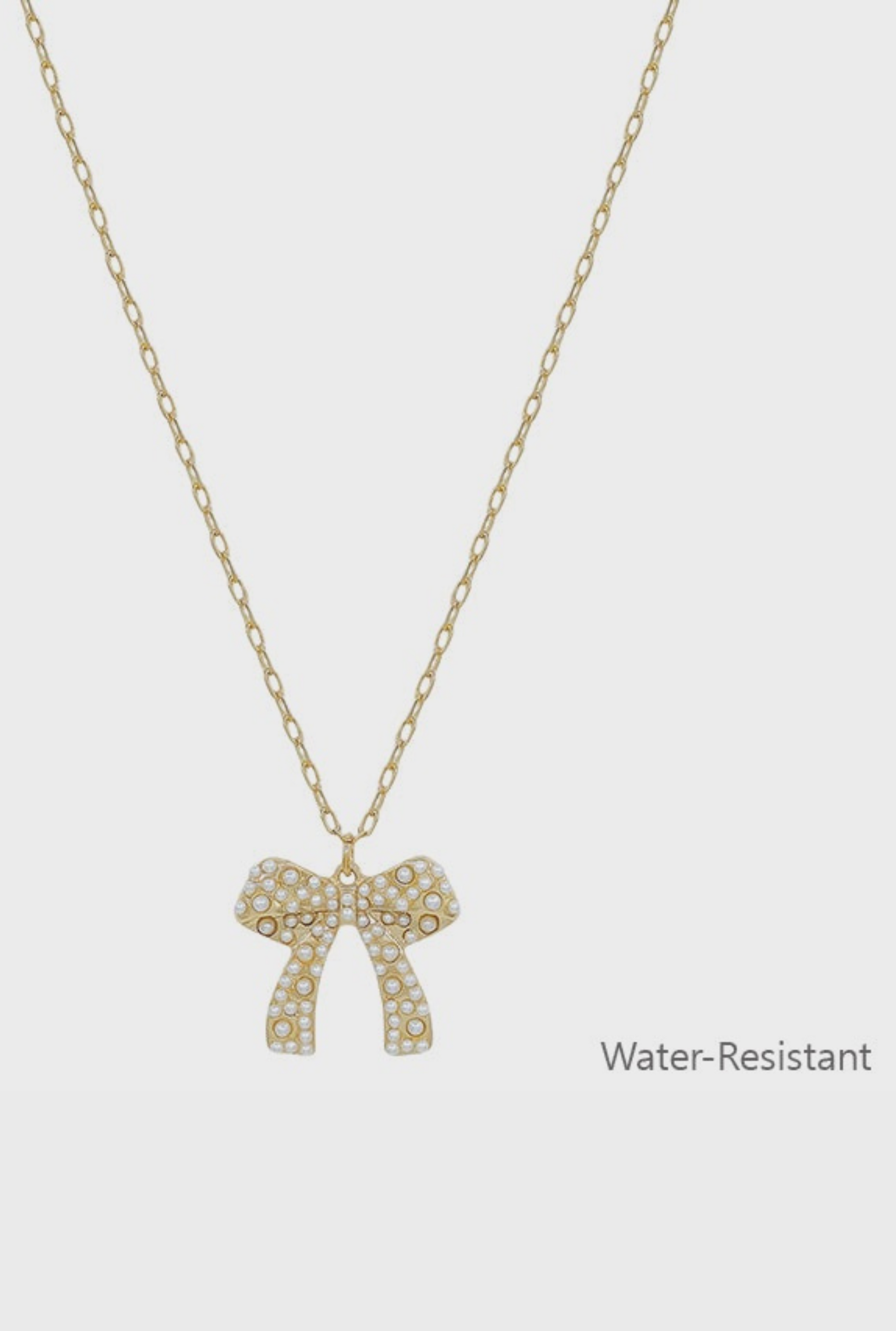 Water Resistant Gold Chain with Pearl Dotted Bow Necklace