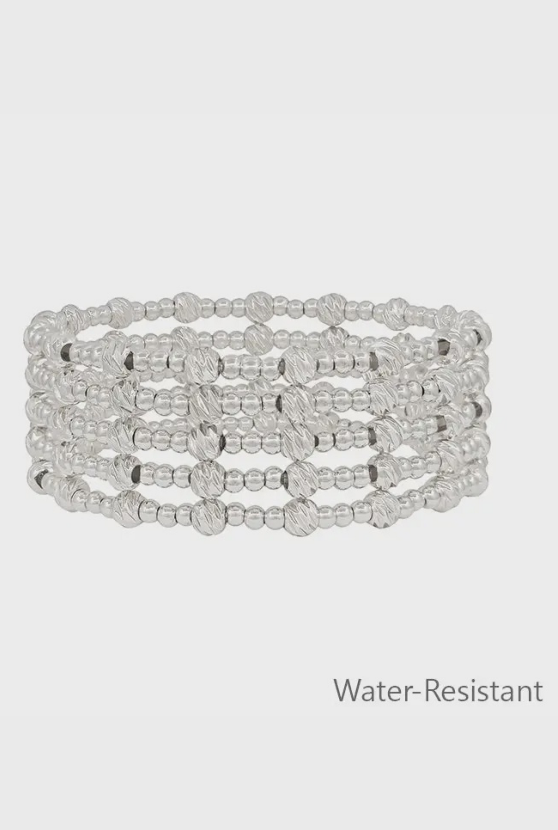 Water Resistant Silver 3mm Beaded Set of 5 Stretch Bracelets with Gold Accent Bead