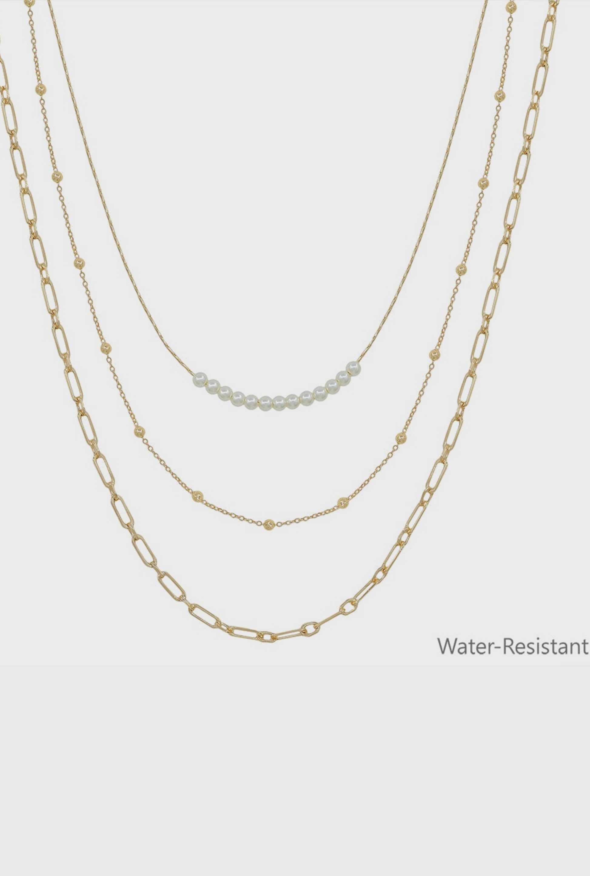 Water Resistant Triple Layered Gold with Pearl Thin Dotted Chain Necklace